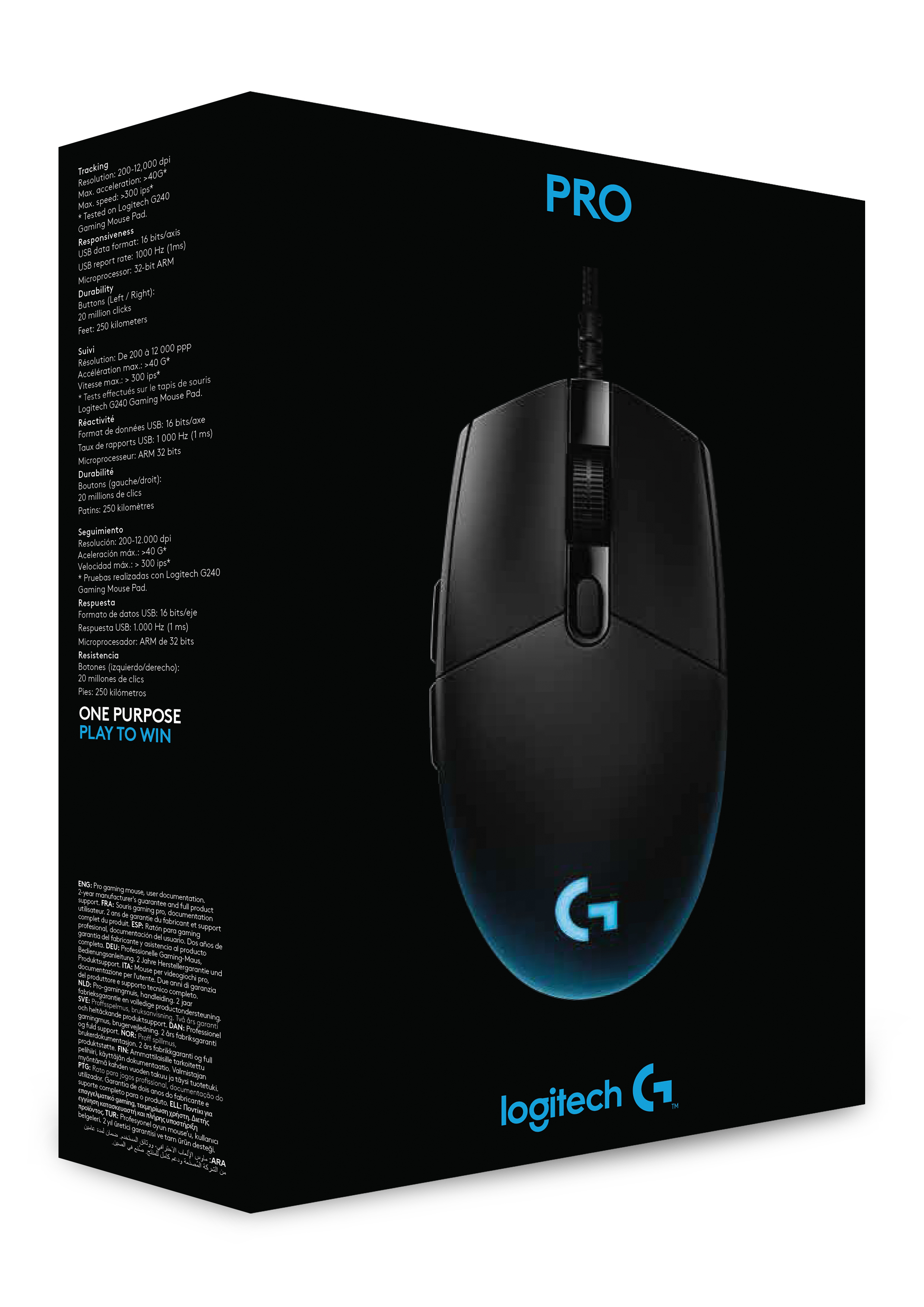 Schwarze Logitech G Pro Gaming-Maus-Box. Sie hat Produktdetails und ein Mausbild drauf.
