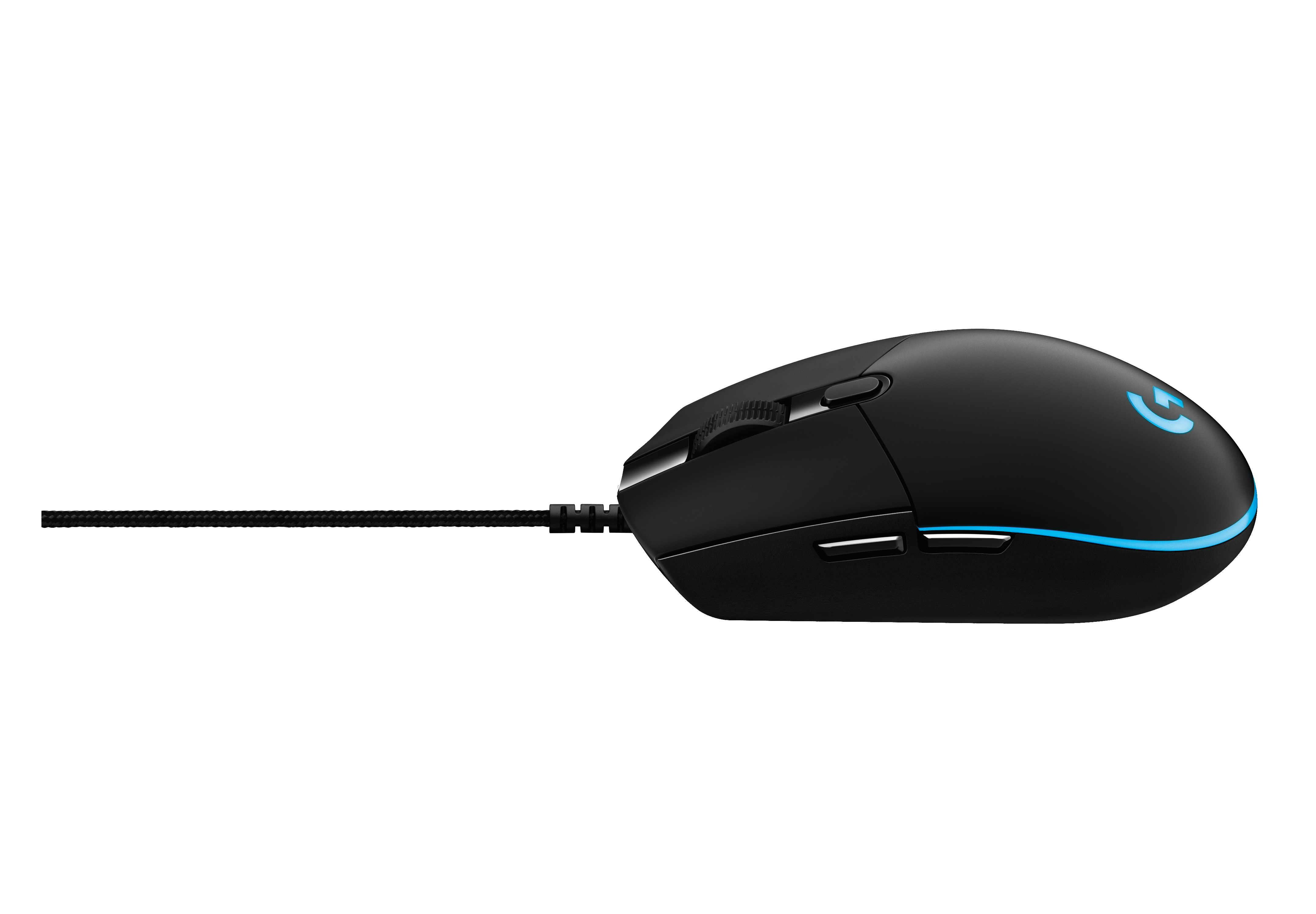 Schwarze Gaming-Maus mit blauem Licht, Kabel erstreckt sich nach links auf weißem Hintergrund.