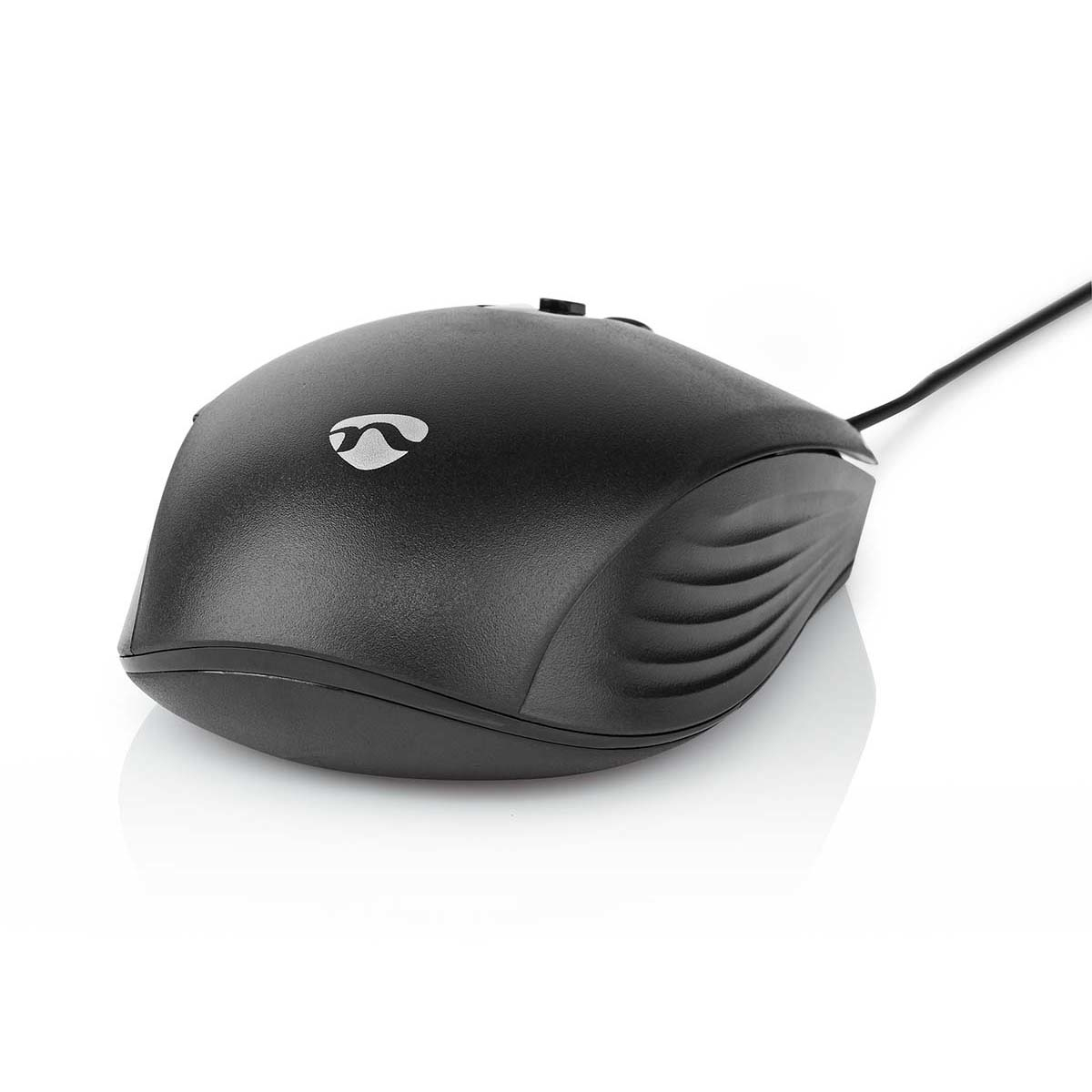 Black computer mouse with a curved design, on a white surface.