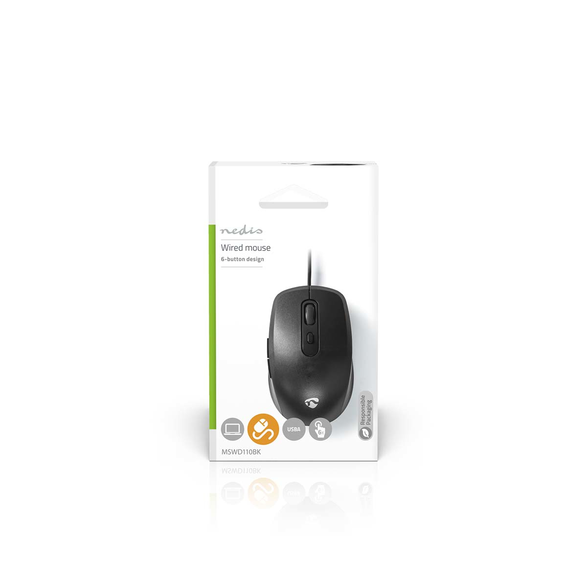 A black wired mouse in a white package. The package shows the mouse model.