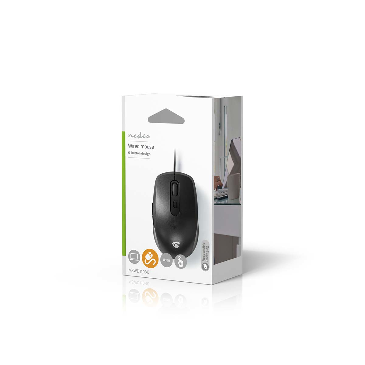 Wired black mouse in a white and green box with a USB logo on it.