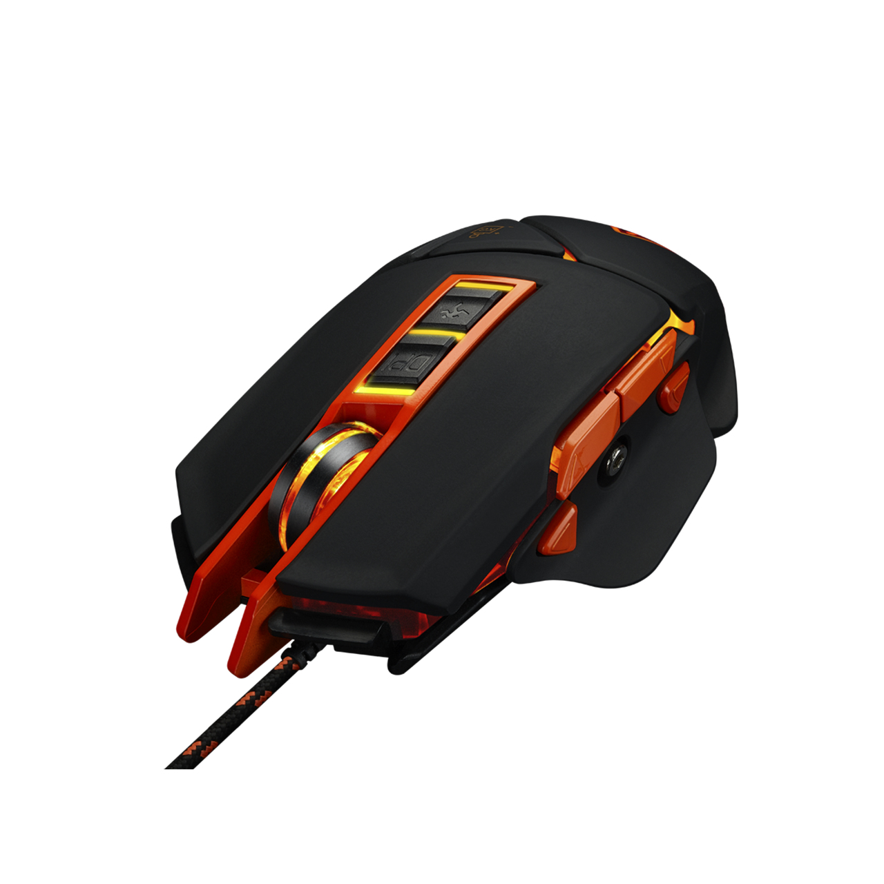 Mouse da gioco nero e arancione con pulsanti e connessione cablata.
