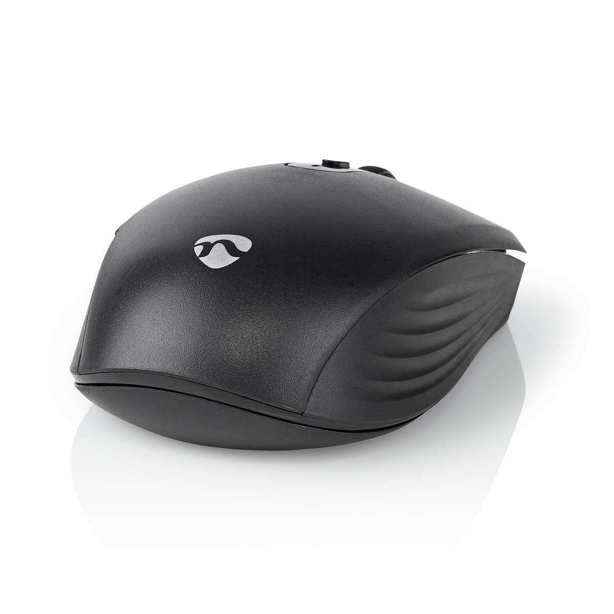 Schwarze Computermaus mit silbernem Logo, auf weißem Hintergrund.