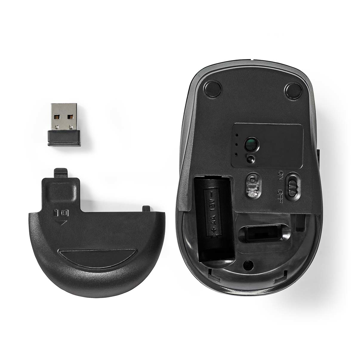 Eine schwarze Computermaus mit geöffnetem Boden, der das Batteriefach und einen USB-Empfänger zeigt.