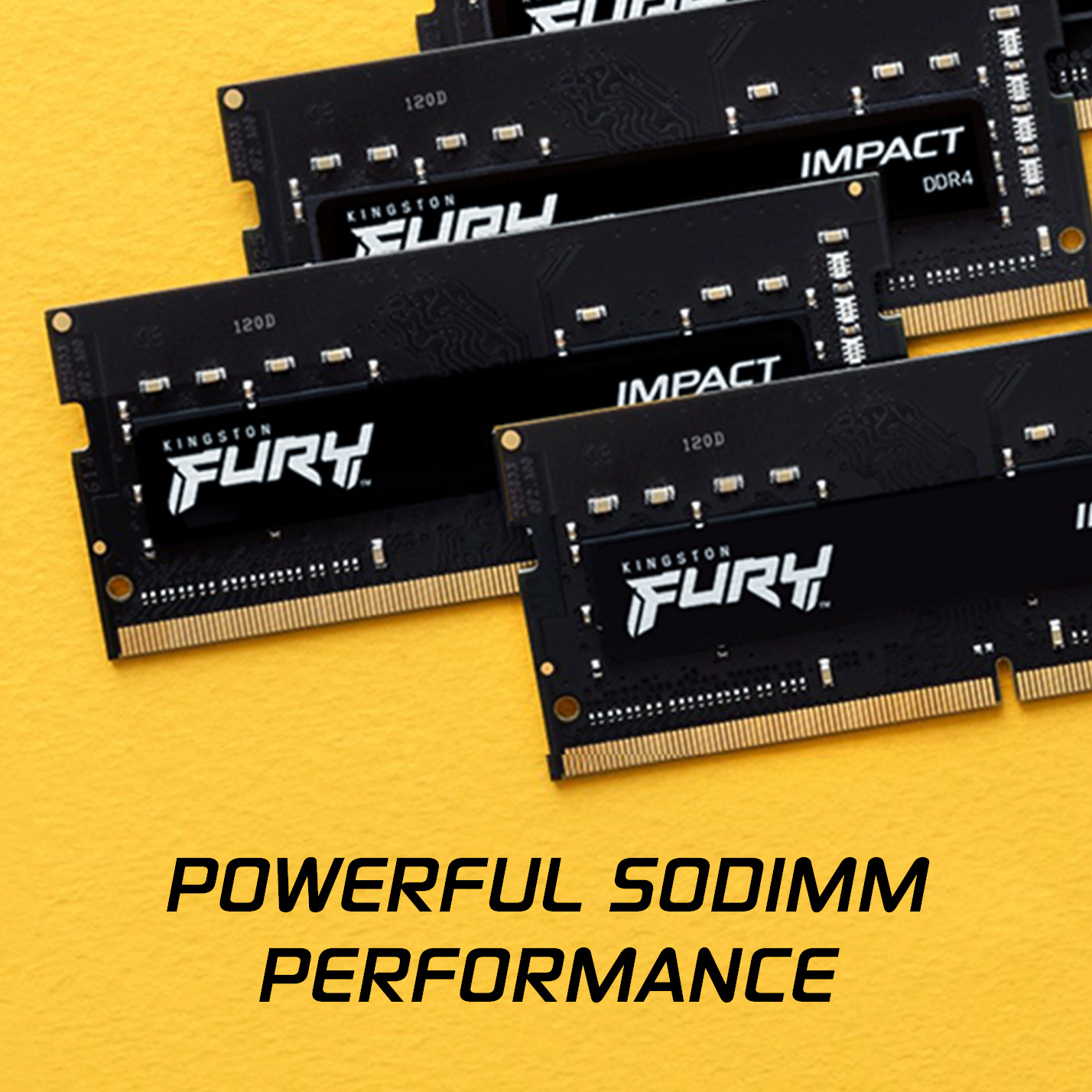 Wiele kości RAM Kingston Fury DDR4 na żółtym tle. Tekst: Potężna wydajność SODIMM.
