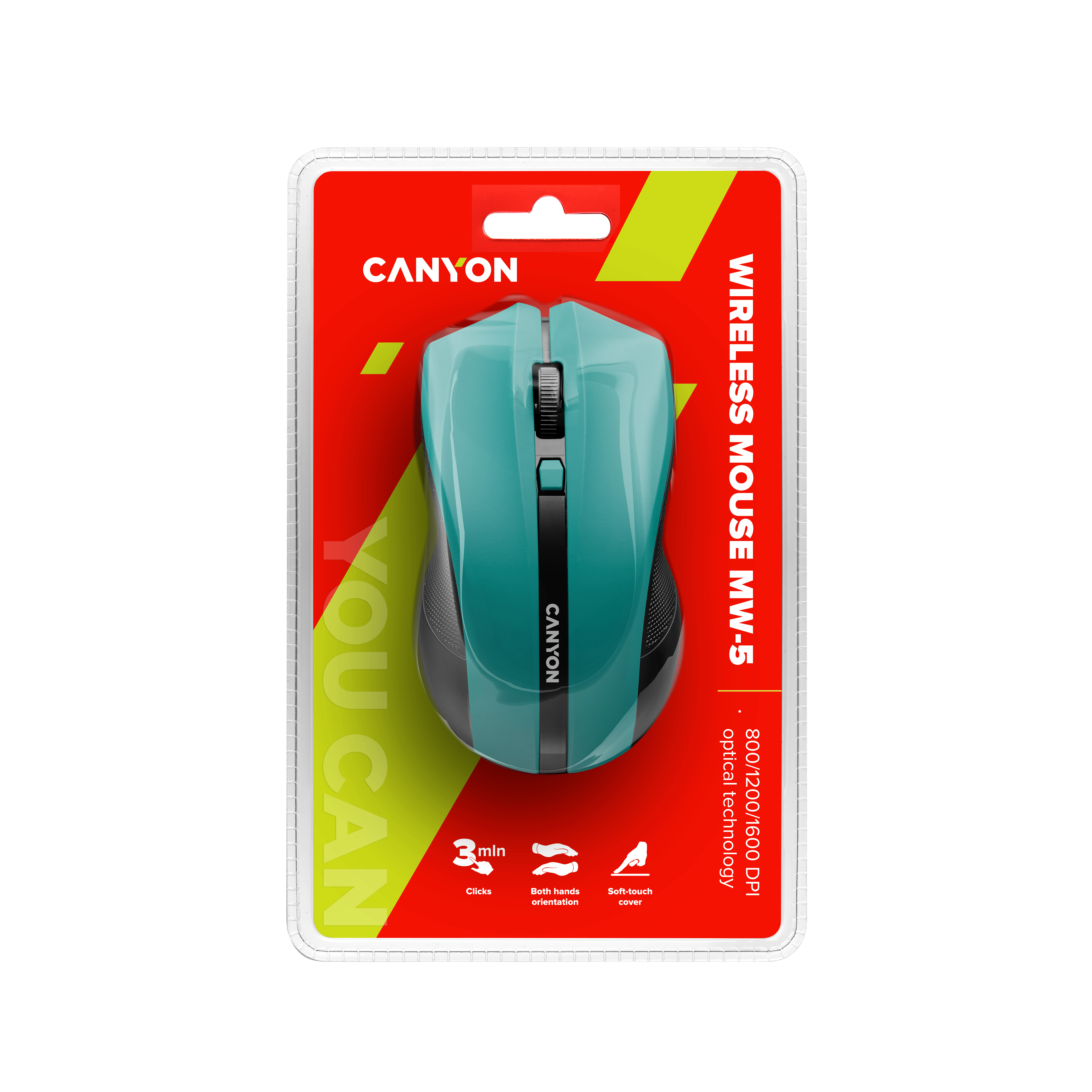 Mouse wireless turchese in confezione. Sfondo bianco. Testo e logo.