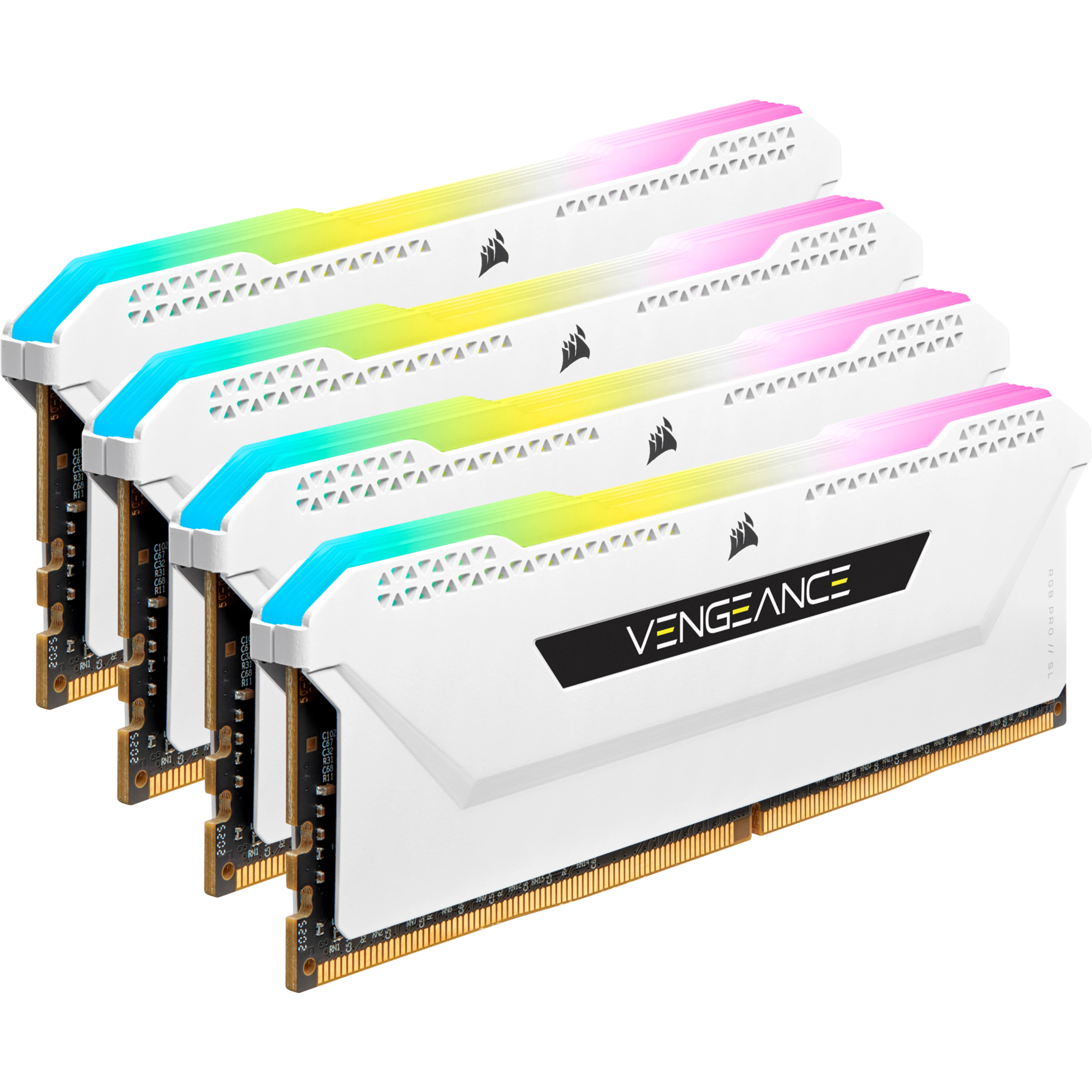 Cztery białe moduły RAM z podświetleniem RGB. Marka to Corsair Vengeance. Czarne płytki obwodów.