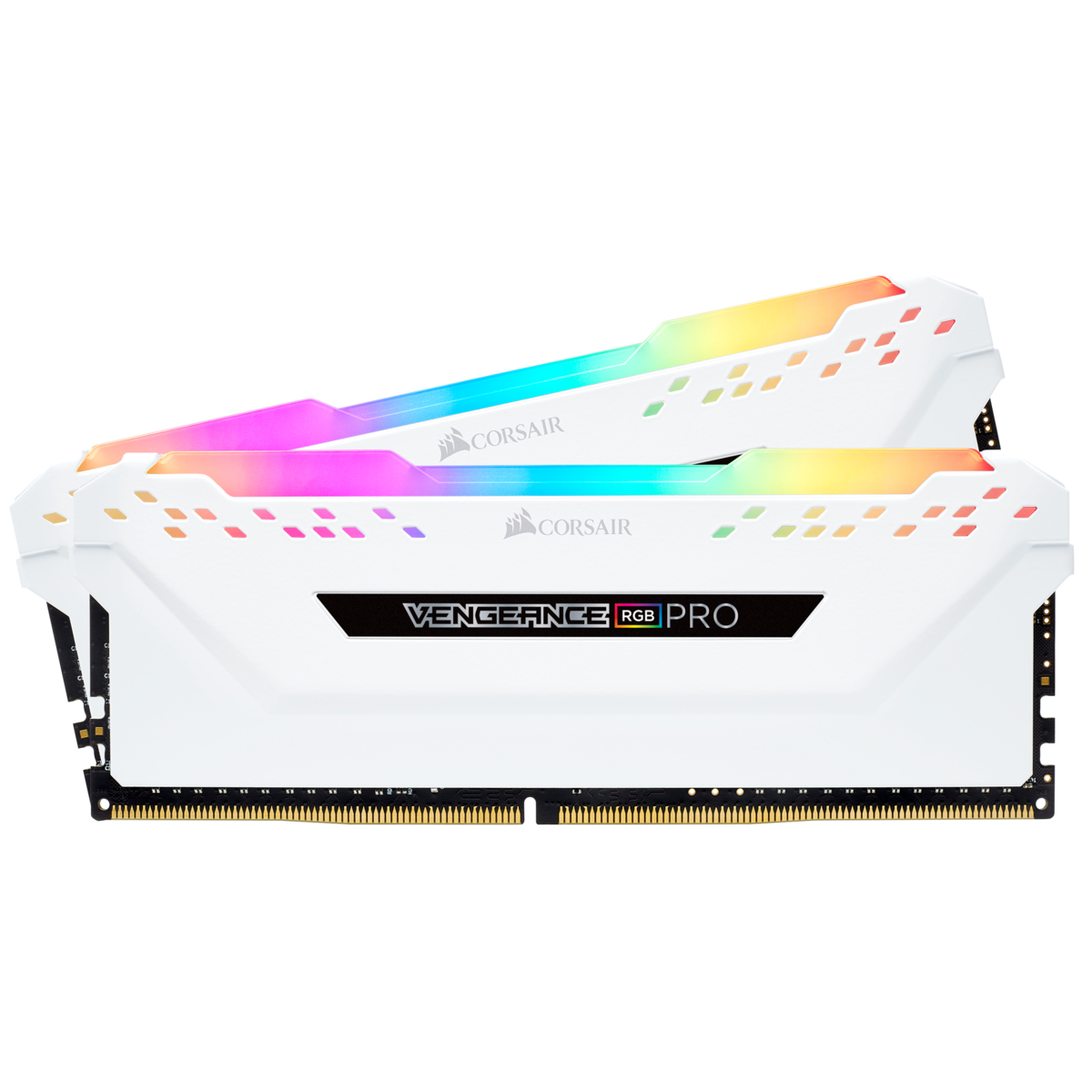Dwa moduły RAM Corsair Vengeance RGB PRO, białe z kolorowym oświetleniem RGB i logo Corsair.