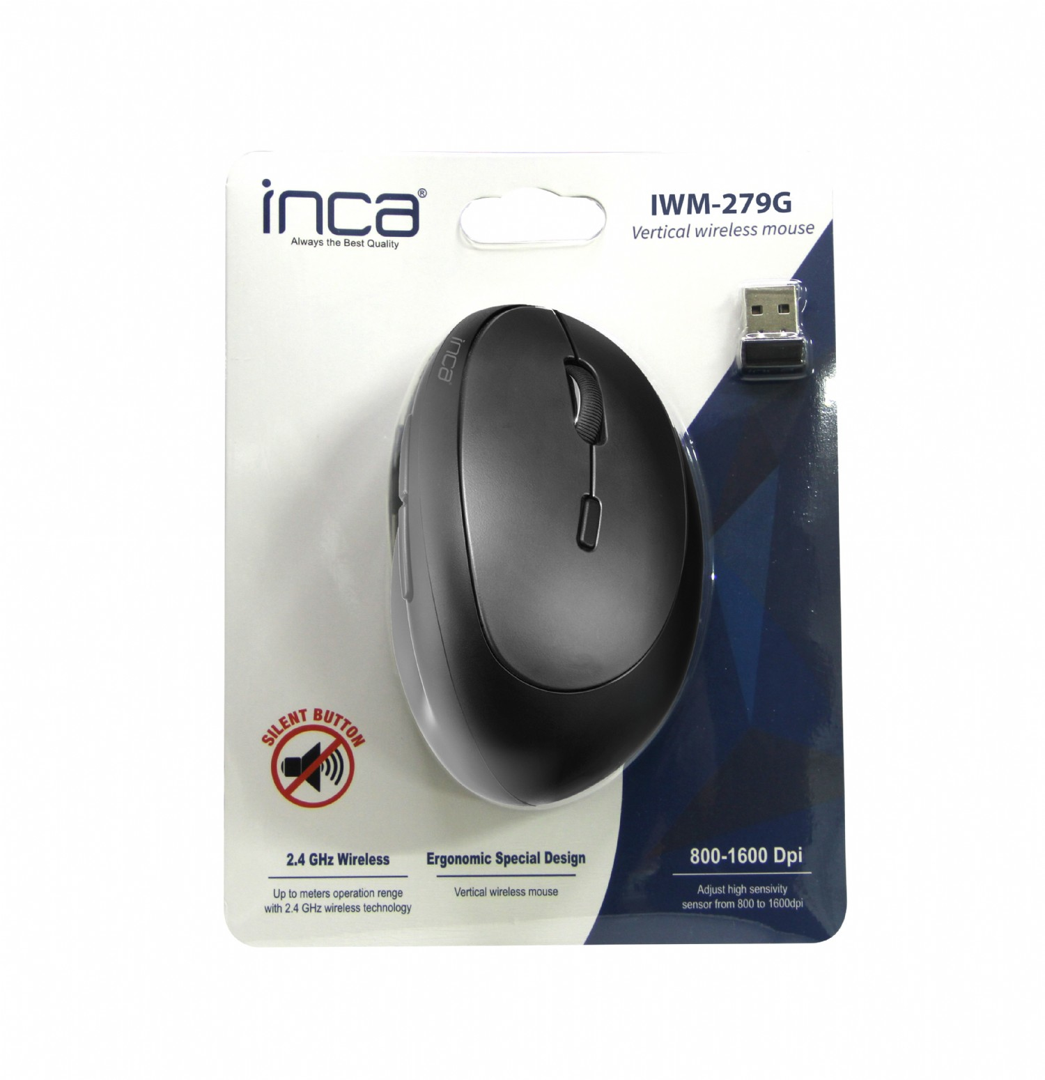 Souris sans fil verticale noire dans son emballage. Inclut la souris et le récepteur USB.