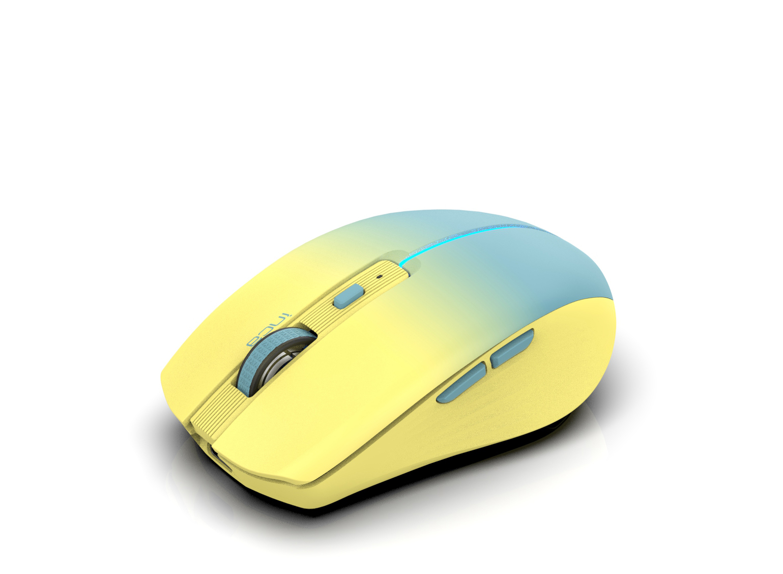 Een gele en blauwe draadloze muis. Hij heeft een scrollwiel en twee zijknoppen.