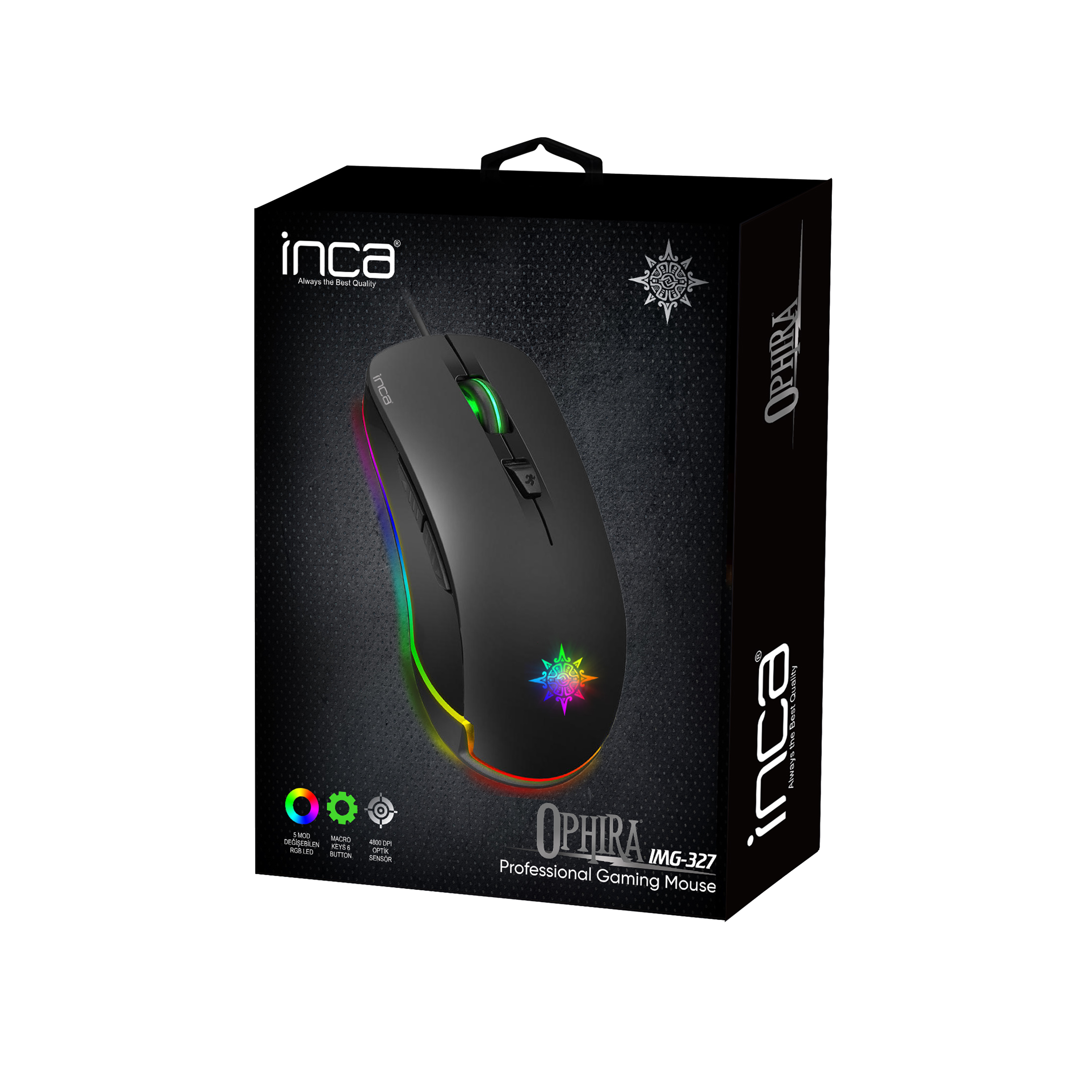 Schwarze Gaming-Maus in einer Box. Die Box zeigt die Maus und ihre Funktionen.