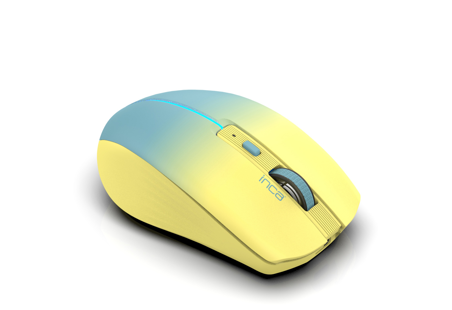 Een gele-blauwe draadloze muis met Inca-logo.