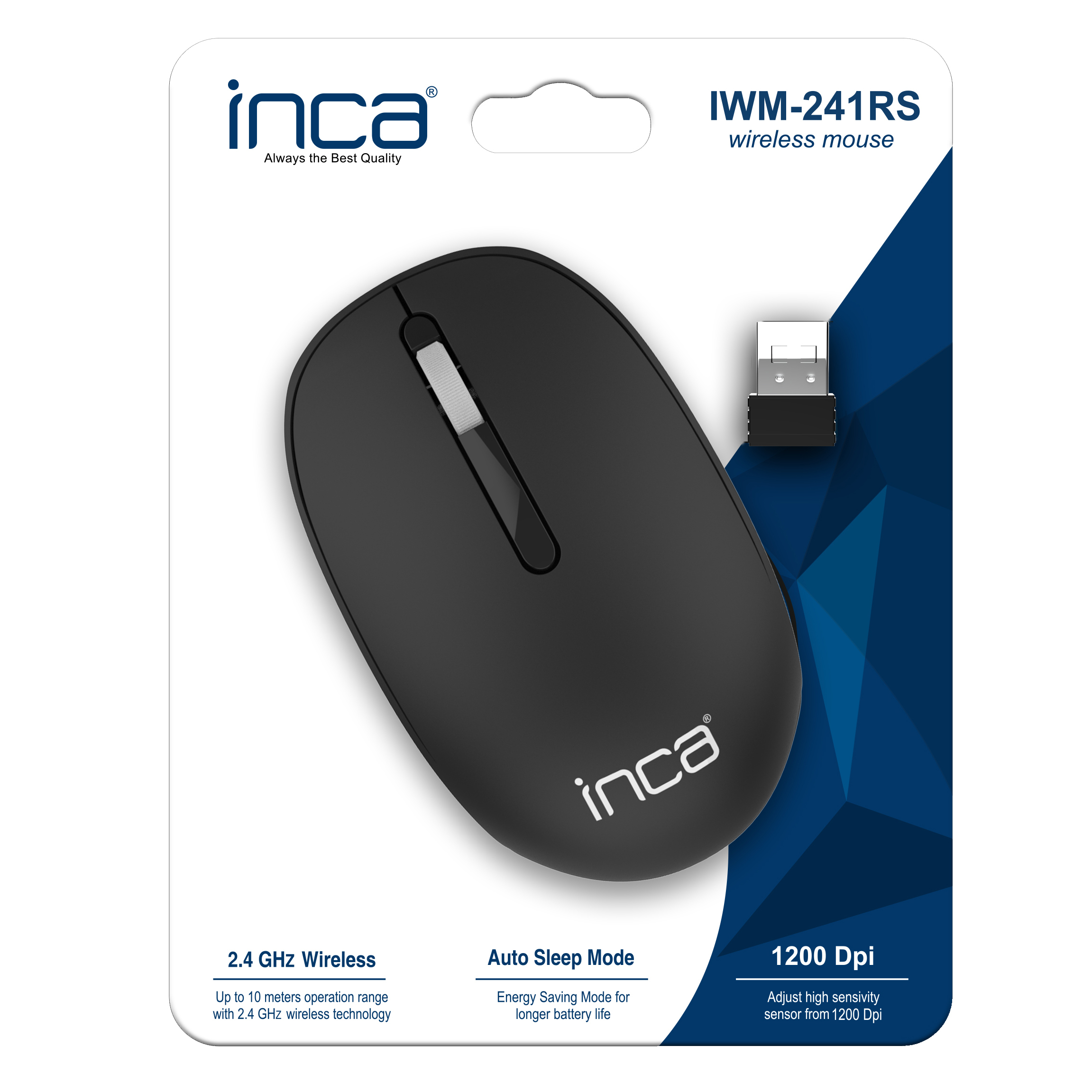 Black wireless mouse in packaging, with a USB receiver, and information labels, on white.