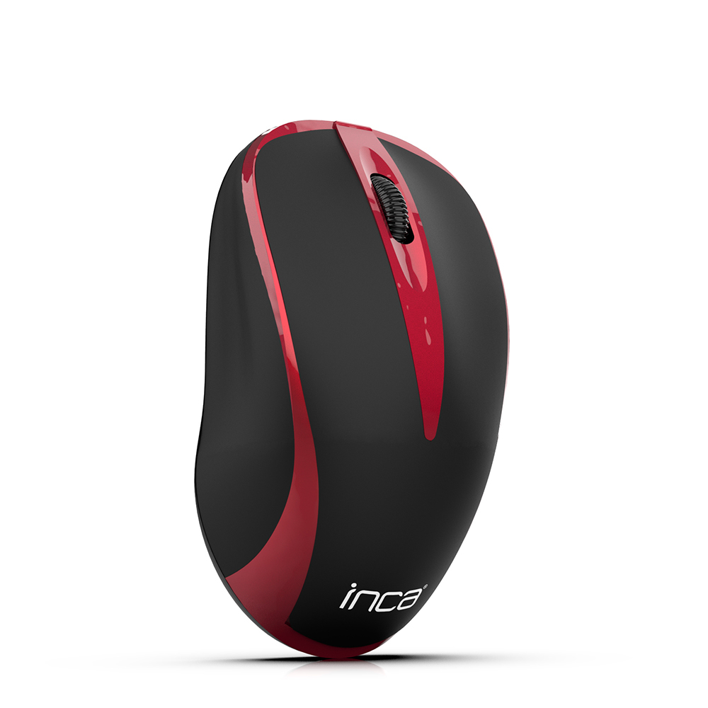 Schwarze und rote Maus mit Scrollrad und Inca-Logo.