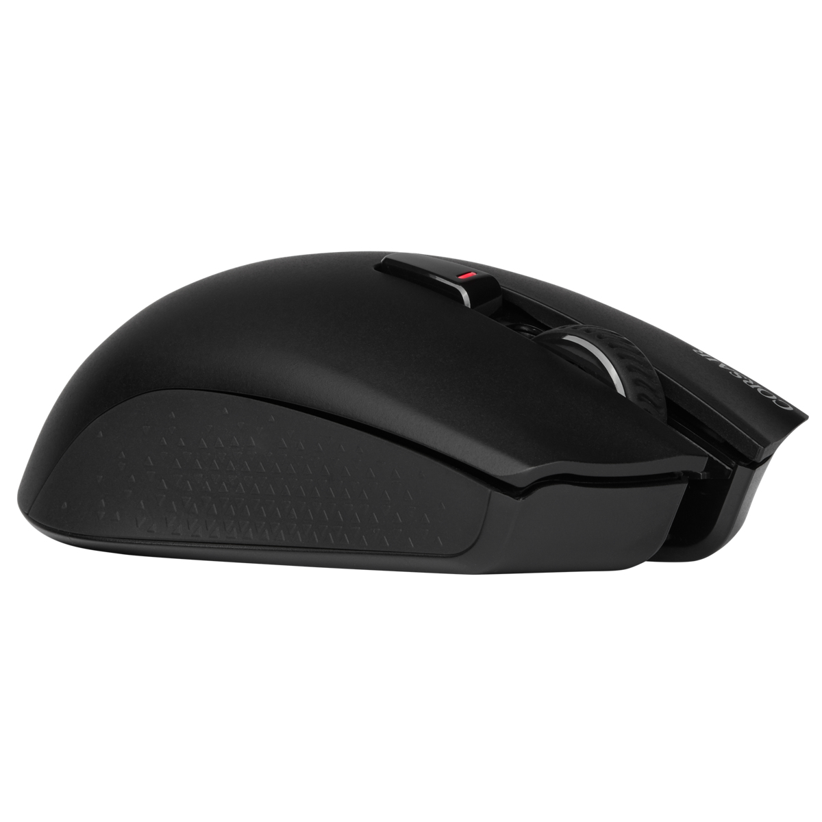 Ratón inalámbrico negro, vista lateral. Presenta botones, rueda y agarre texturizado.