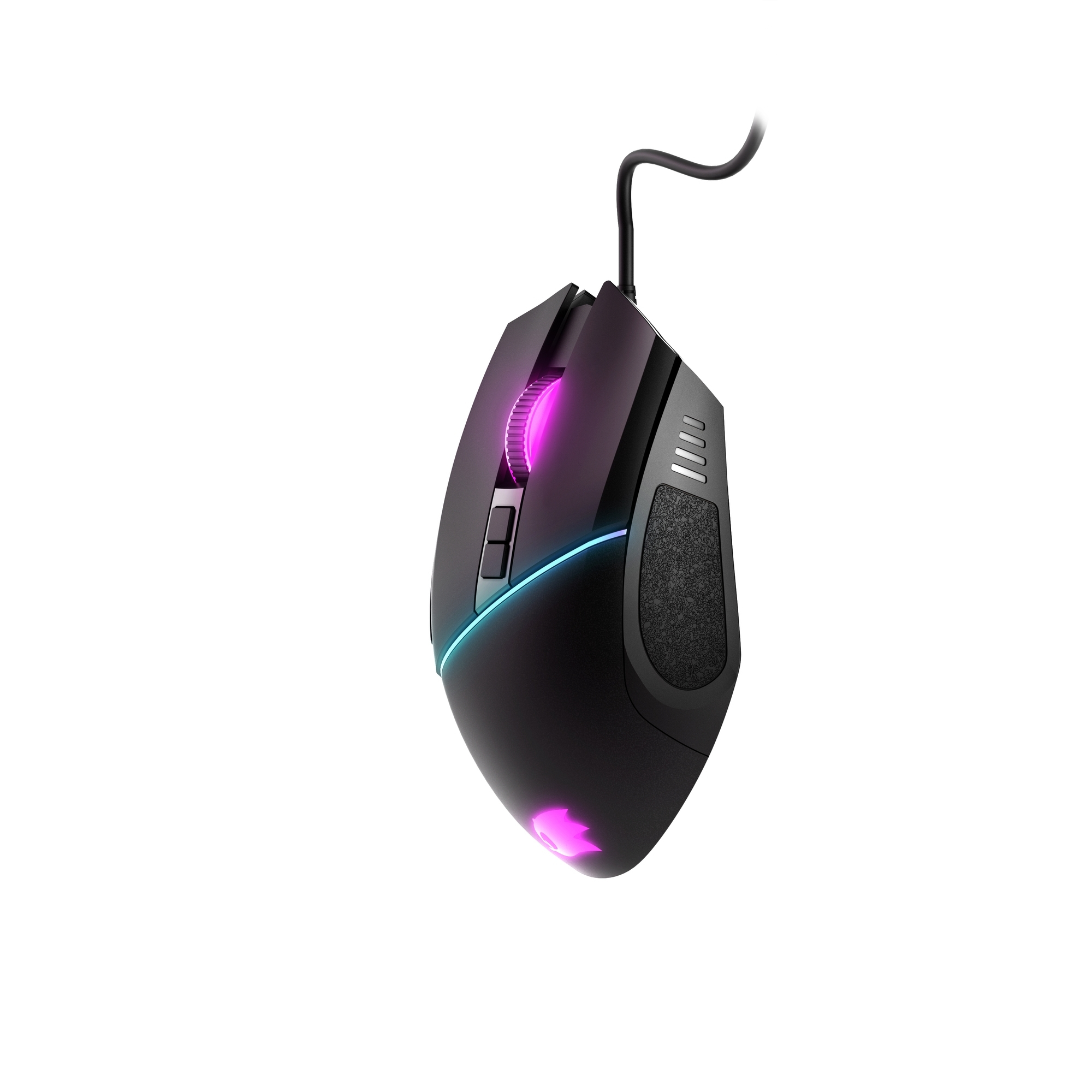 Eine schwarze Gaming-Maus mit lila und blauen LED-Leuchten auf weißem Hintergrund.