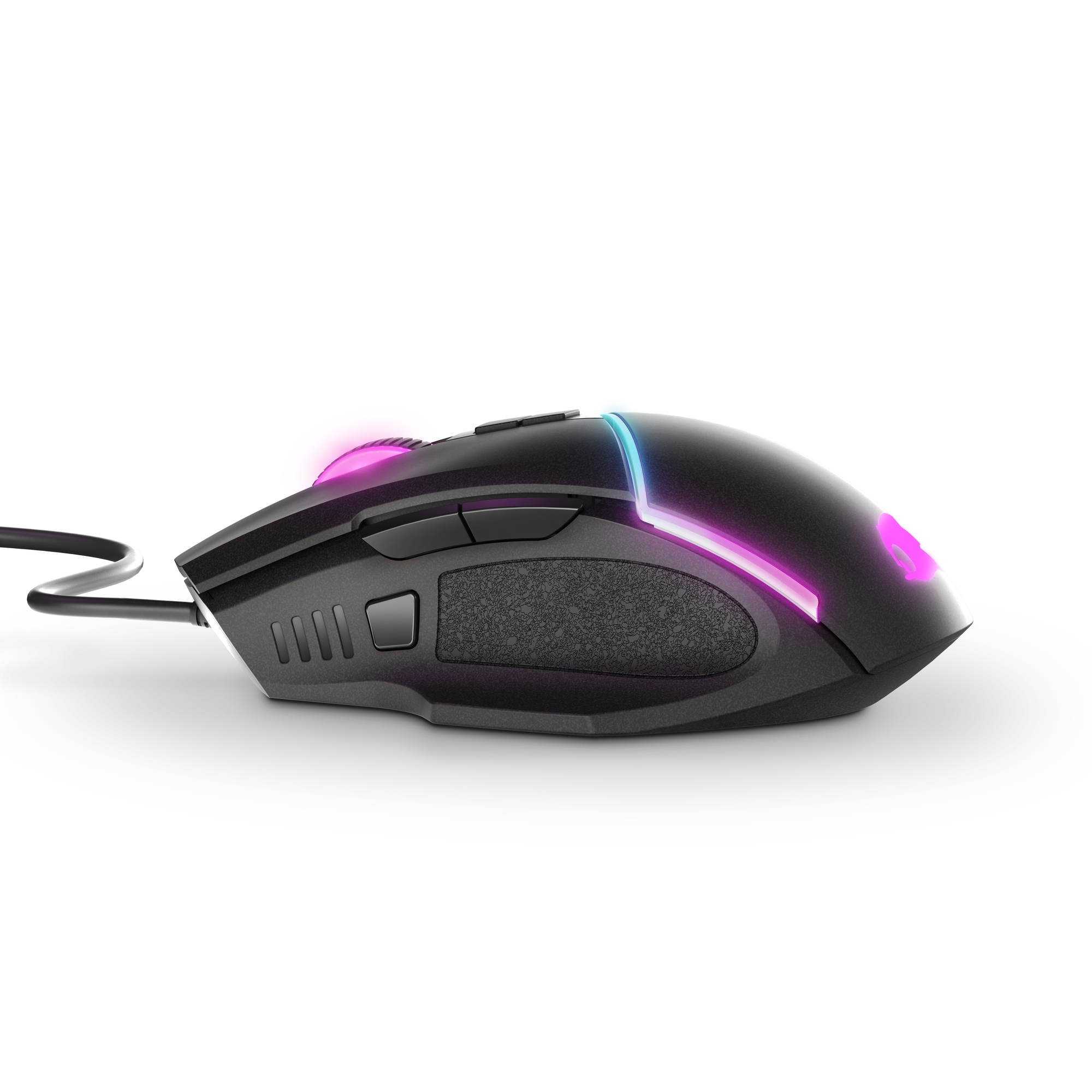 Eine schwarze Gaming-Maus mit rosa und blauen Lichtern auf weißem Hintergrund.