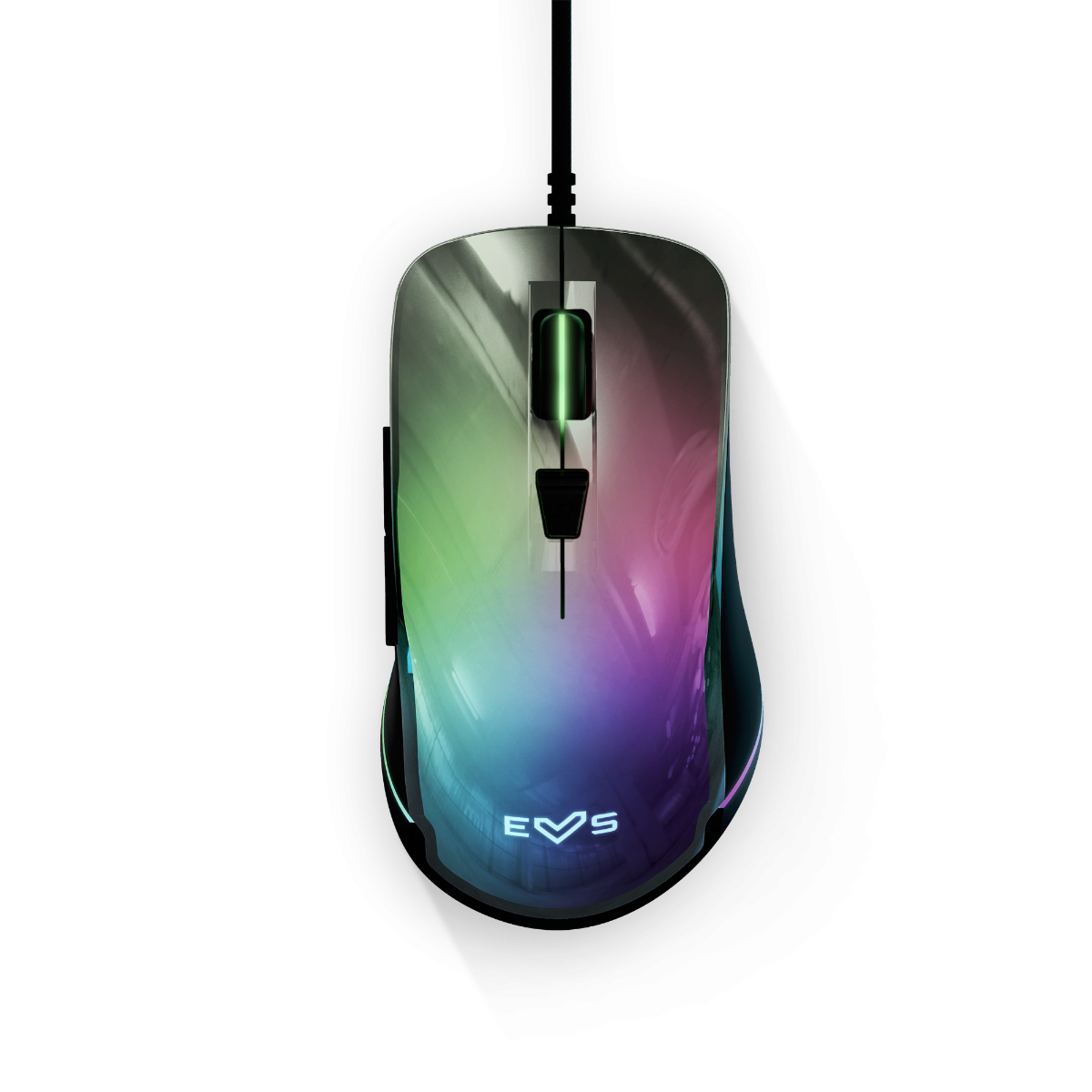 Schwarze und farbverlaufene Maus mit Kabel. Der Markenname „EVO“ ist sichtbar.