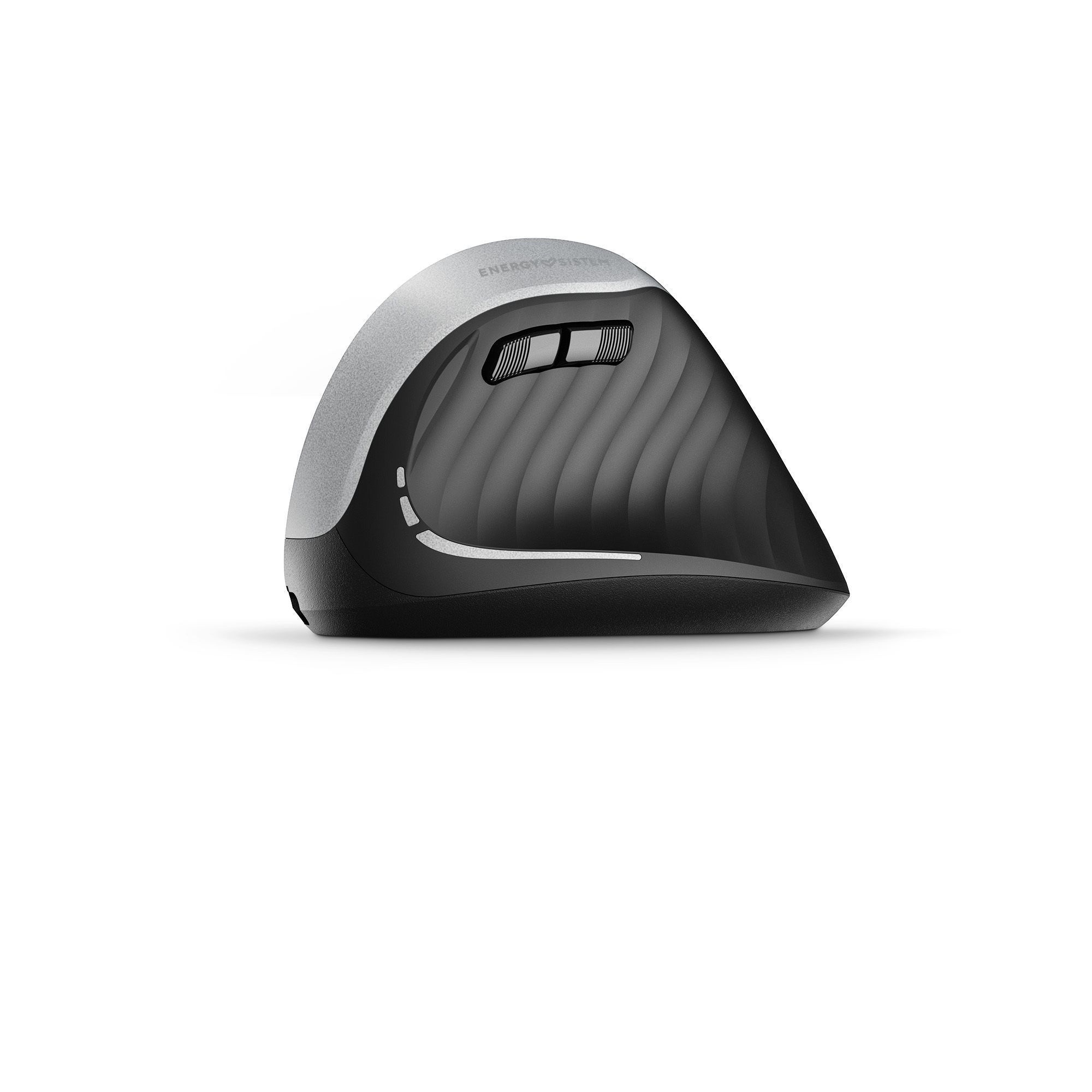 Een ergonomische computermuis met een zilveren bovenkant en een zwarte, gebogen behuizing.