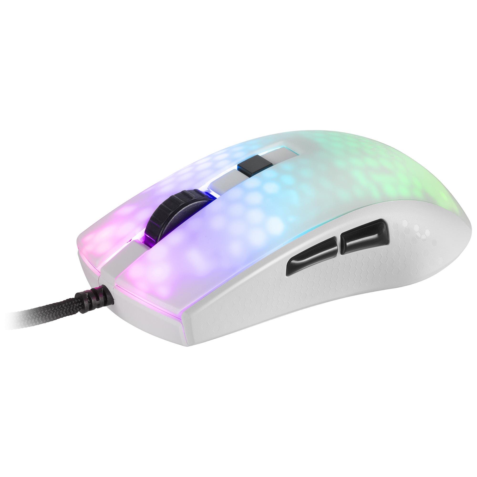 Un mouse da gioco bianco. Ha illuminazione multicolore e una rotella nera. Un cavo nero è attaccato.