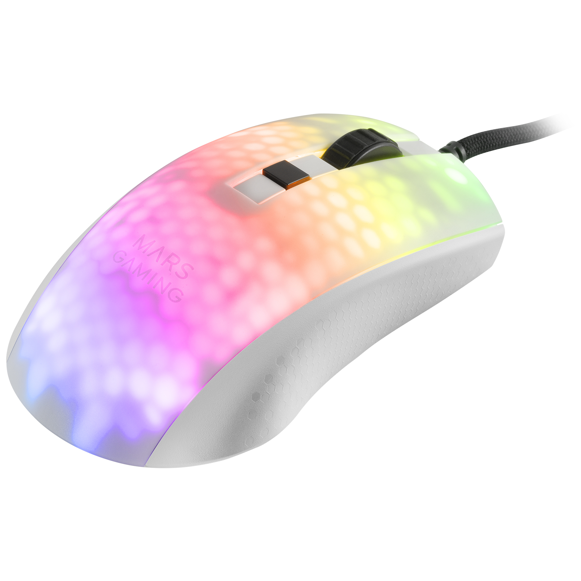 Mouse bianco con illuminazione arcobaleno. Logo Mars Gaming visibile.