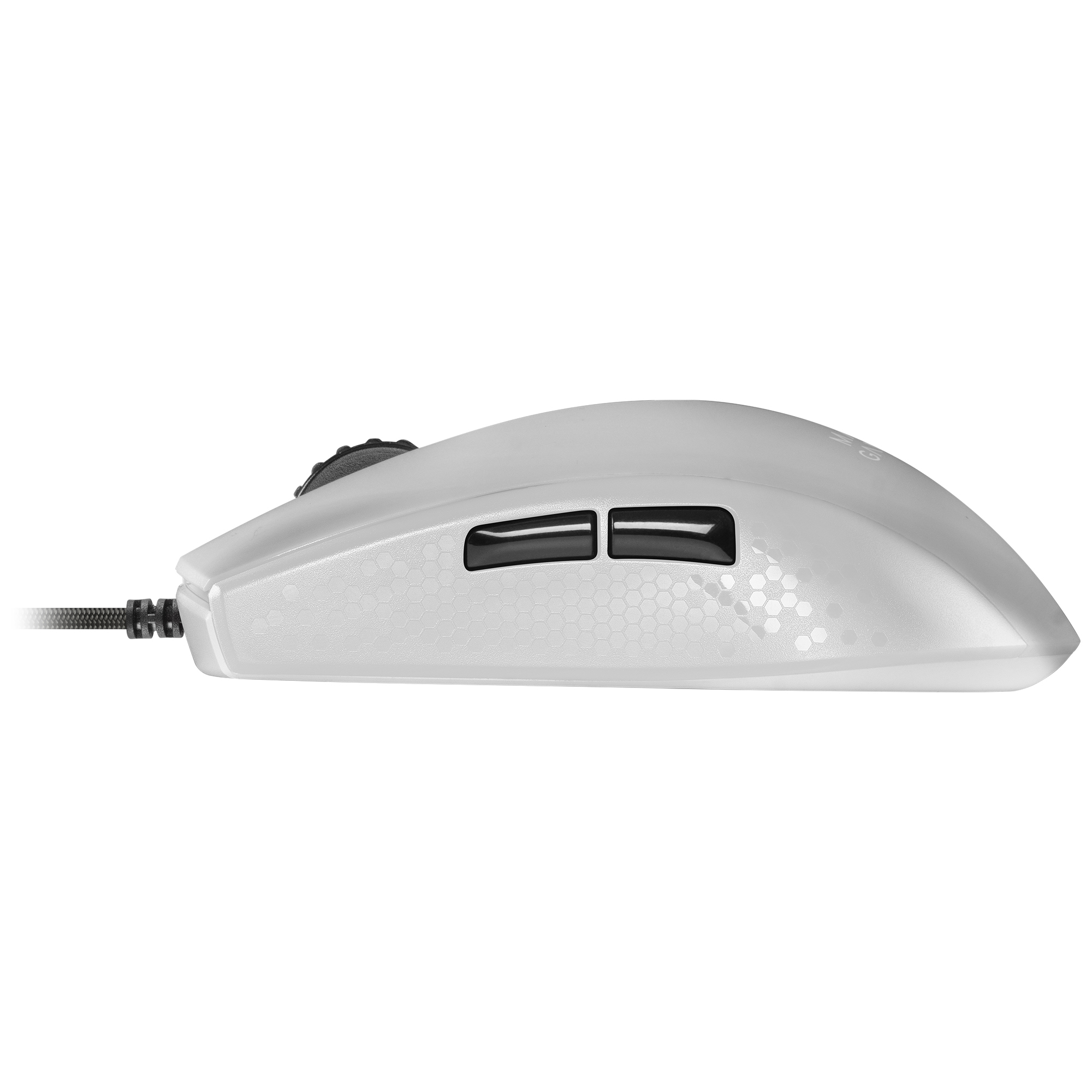 Un mouse da gioco bianco con due pulsanti laterali e un motivo esagonale sul lato.