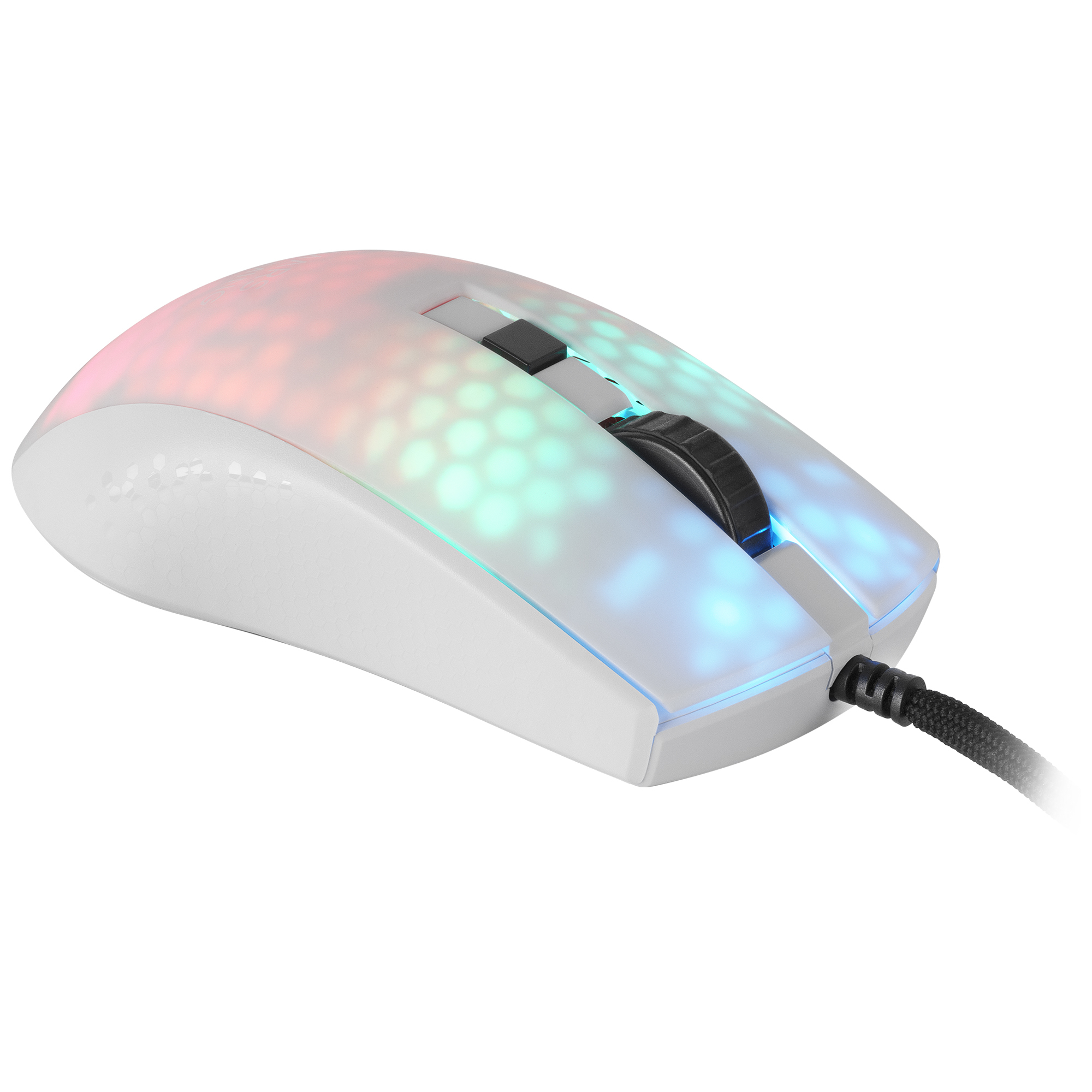Un mouse da gioco bianco con rotella nera e superficie illuminata colorata.
