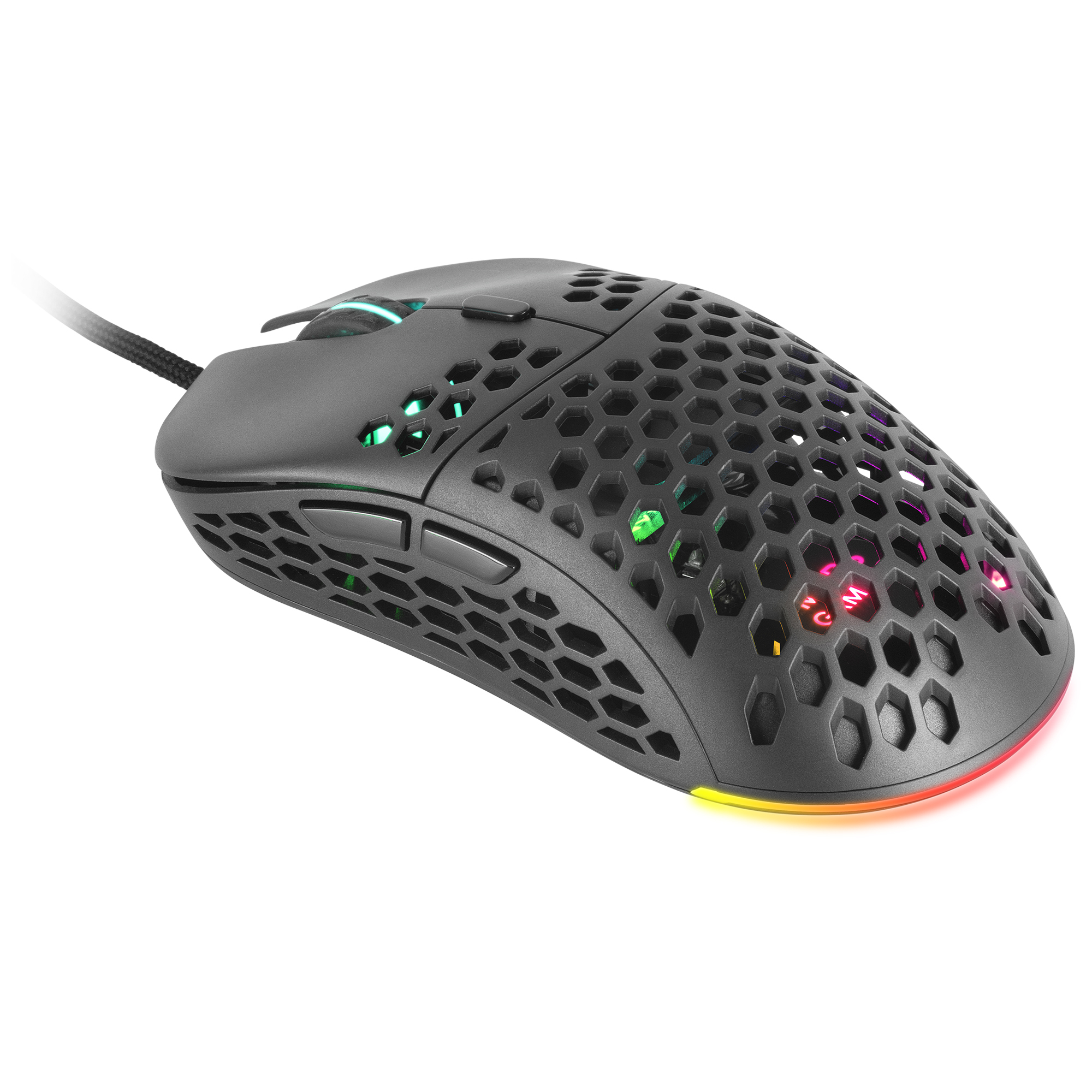 Mouse da gioco con design a nido d'ape. Il mouse ha l'illuminazione RGB.
