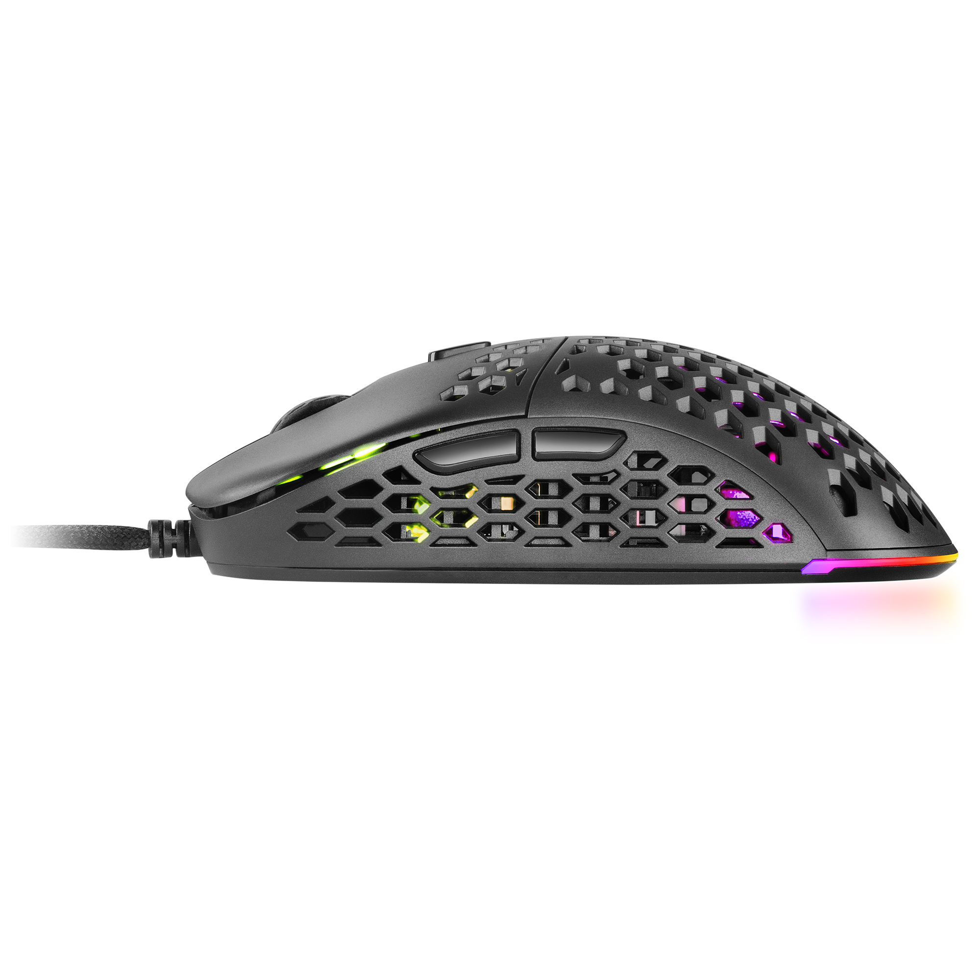 Un mouse da gioco nero con design a nido d'ape e luci multicolore su una superficie.