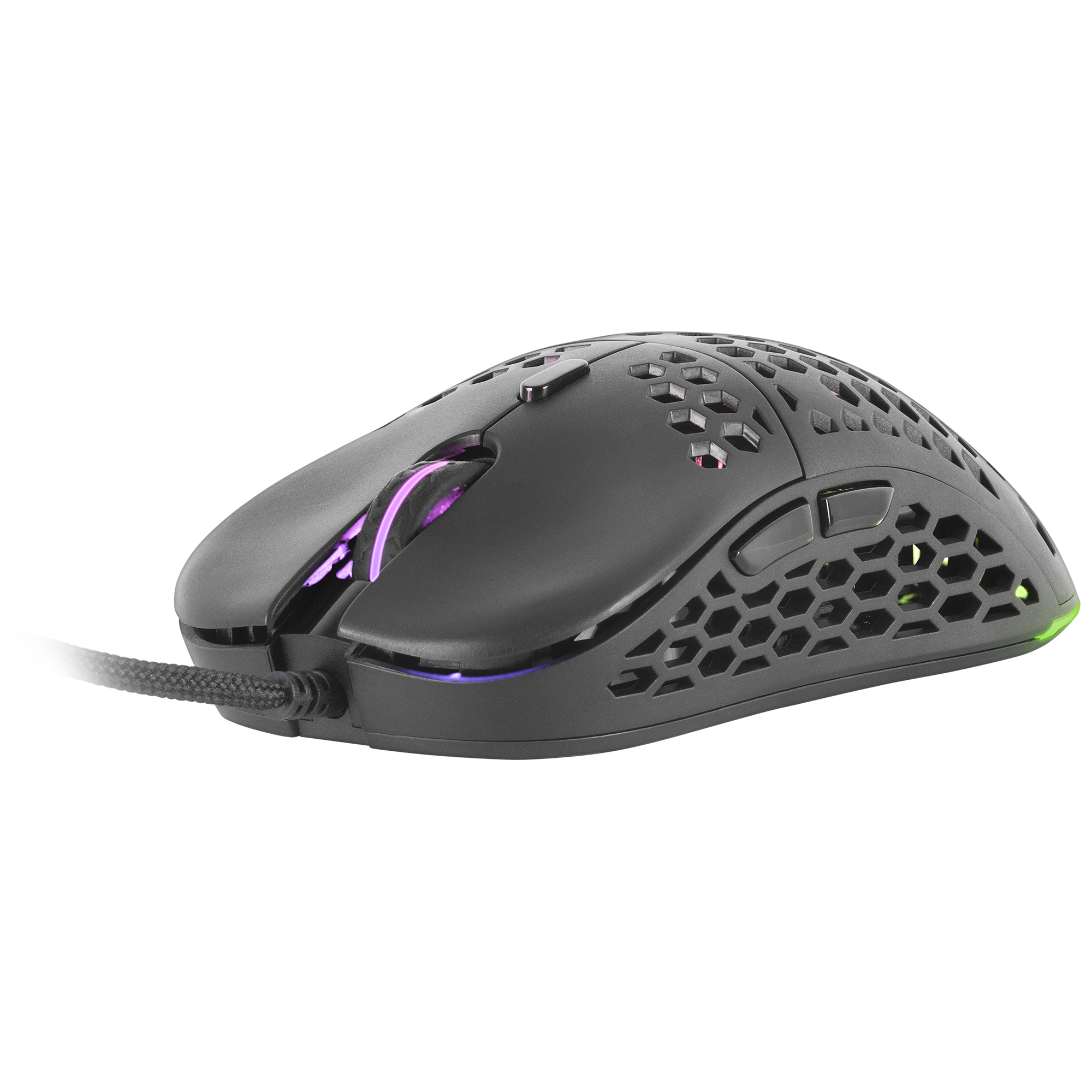 Mouse da gioco nero con design a nido d'ape e luci viola e verdi brillanti.