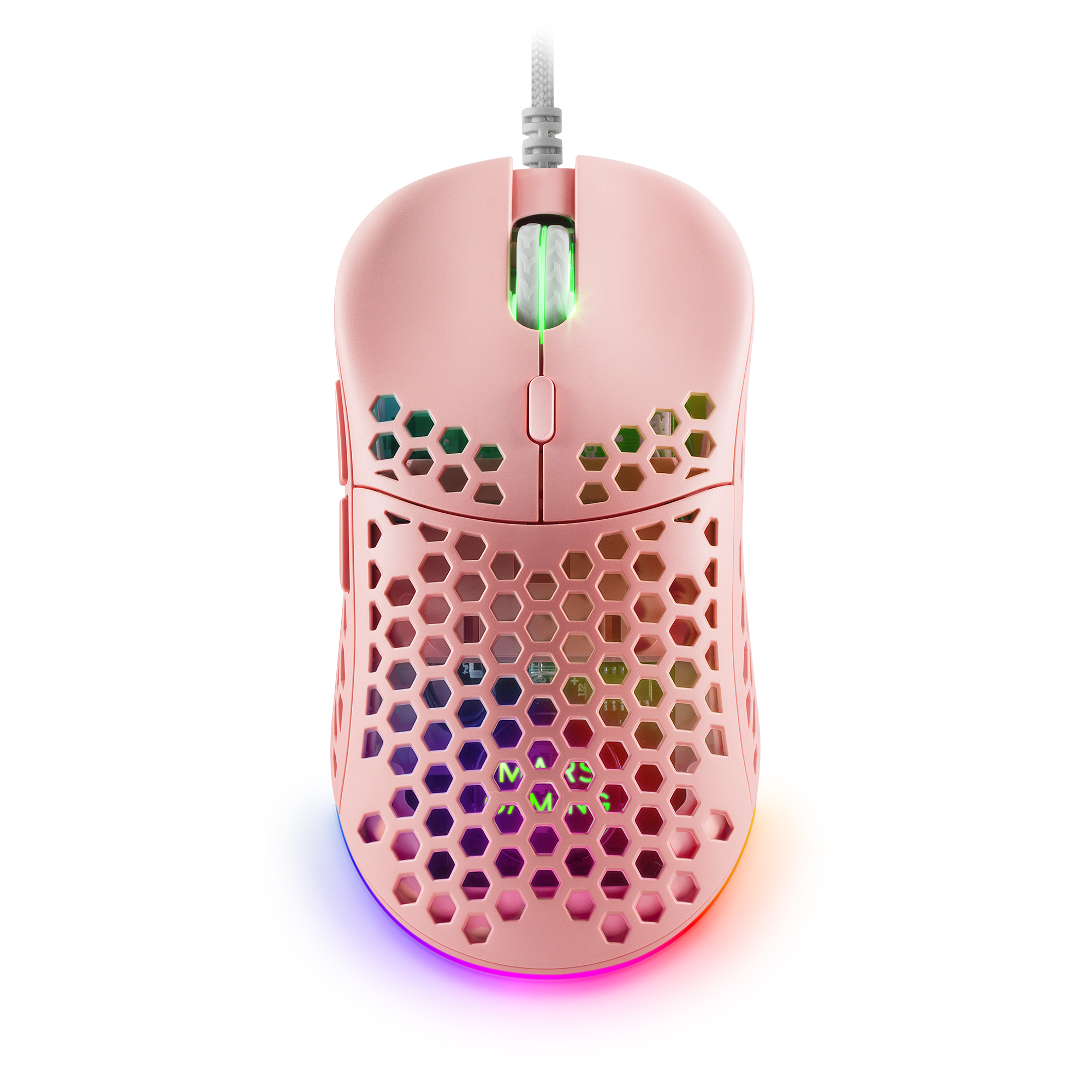 Różowa mysz do gier z wzorem plastra miodu i oświetleniem RGB. Mysz ma kółko przewijania.