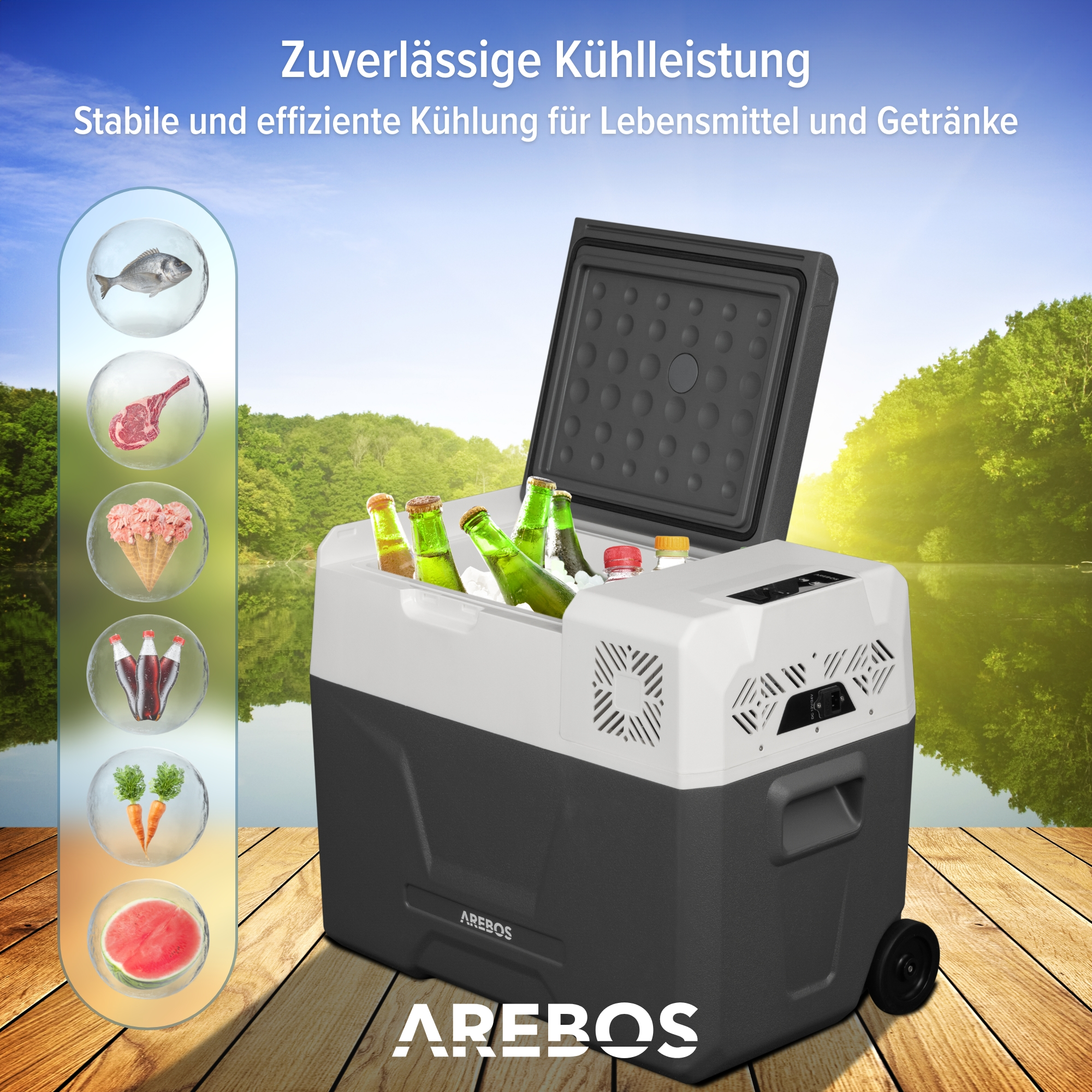 Eine Kühlbox in Schwarz und Weiß, mit Essenssymbolen und einem See im Hintergrund.