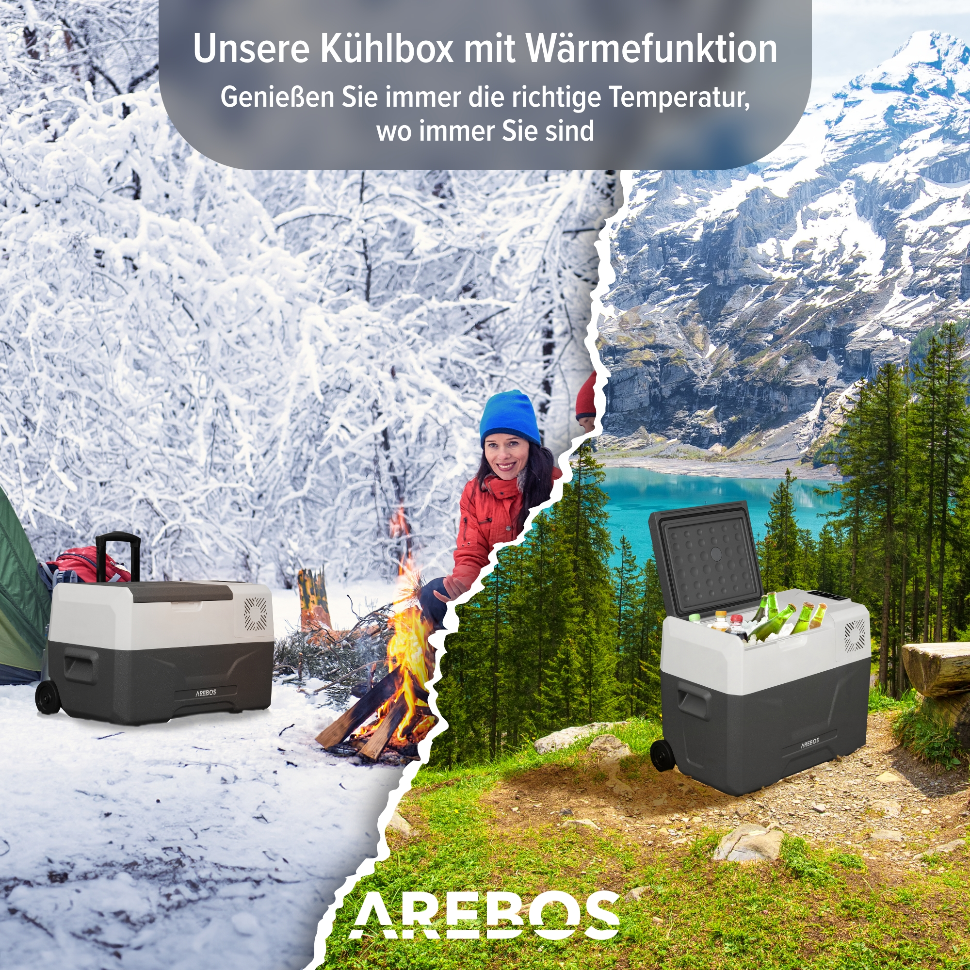 Ein geteiltes Bild: eine Kühlbox im Schnee und eine im Freien mit einer Frau, See und Bergen.