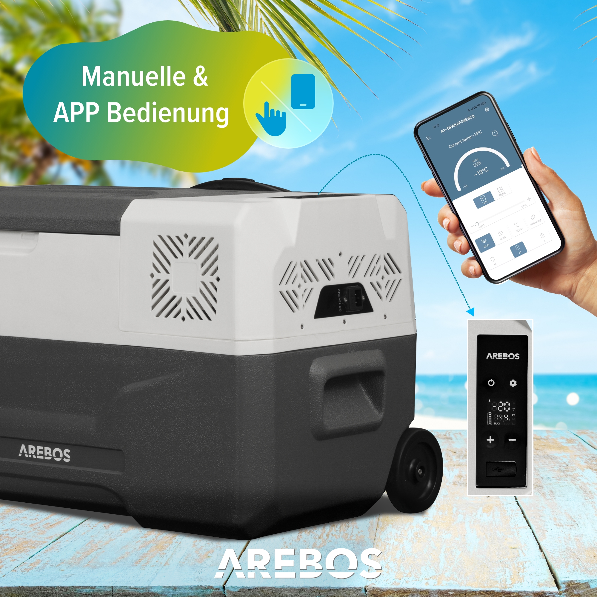 Eine schwarz-weiße tragbare Gefriertruhe mit einem Smartphone, das die Temperaturanzeige zeigt.