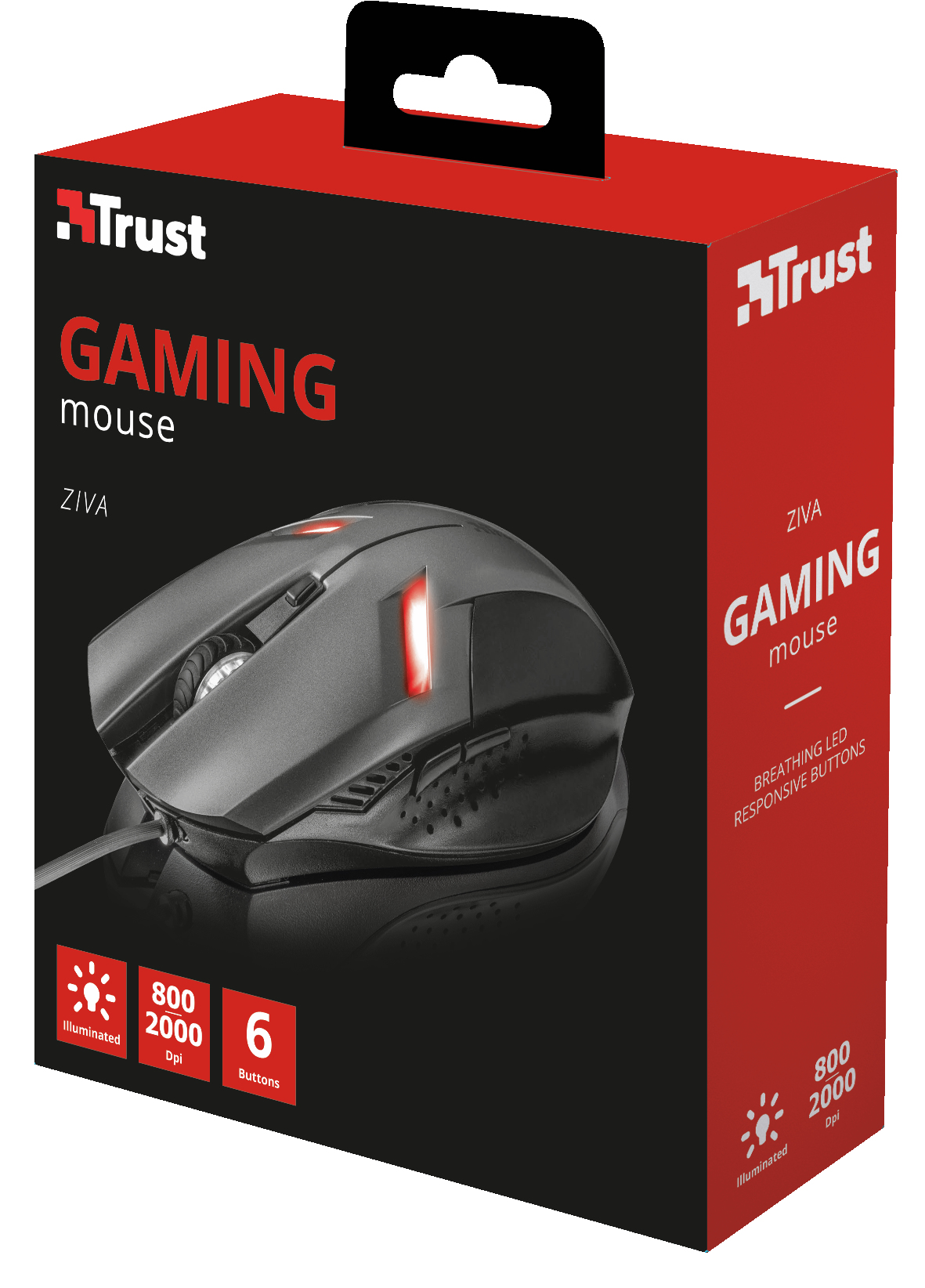 Un mouse da gaming in una scatola, con luce rossa e un'immagine del mouse.