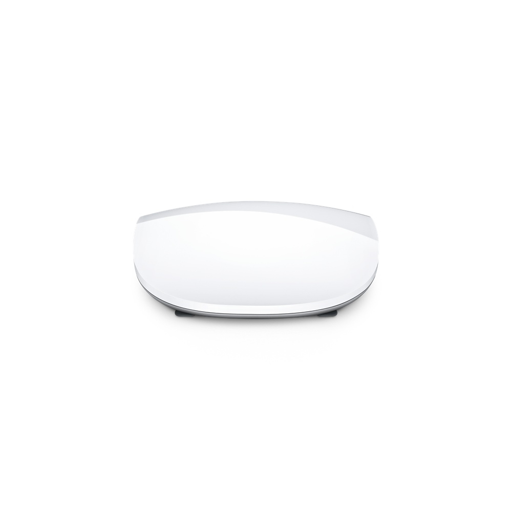 Weiße Apple Magic Mouse auf weißem Hintergrund, minimalistisches Design.