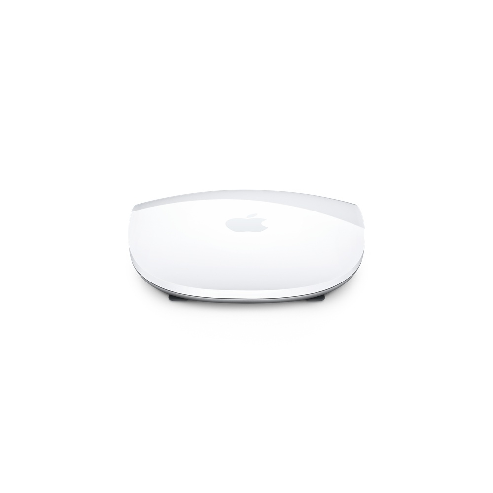 Weiße Apple Magic Mouse auf weißem Hintergrund, Apple-Logo sichtbar.
