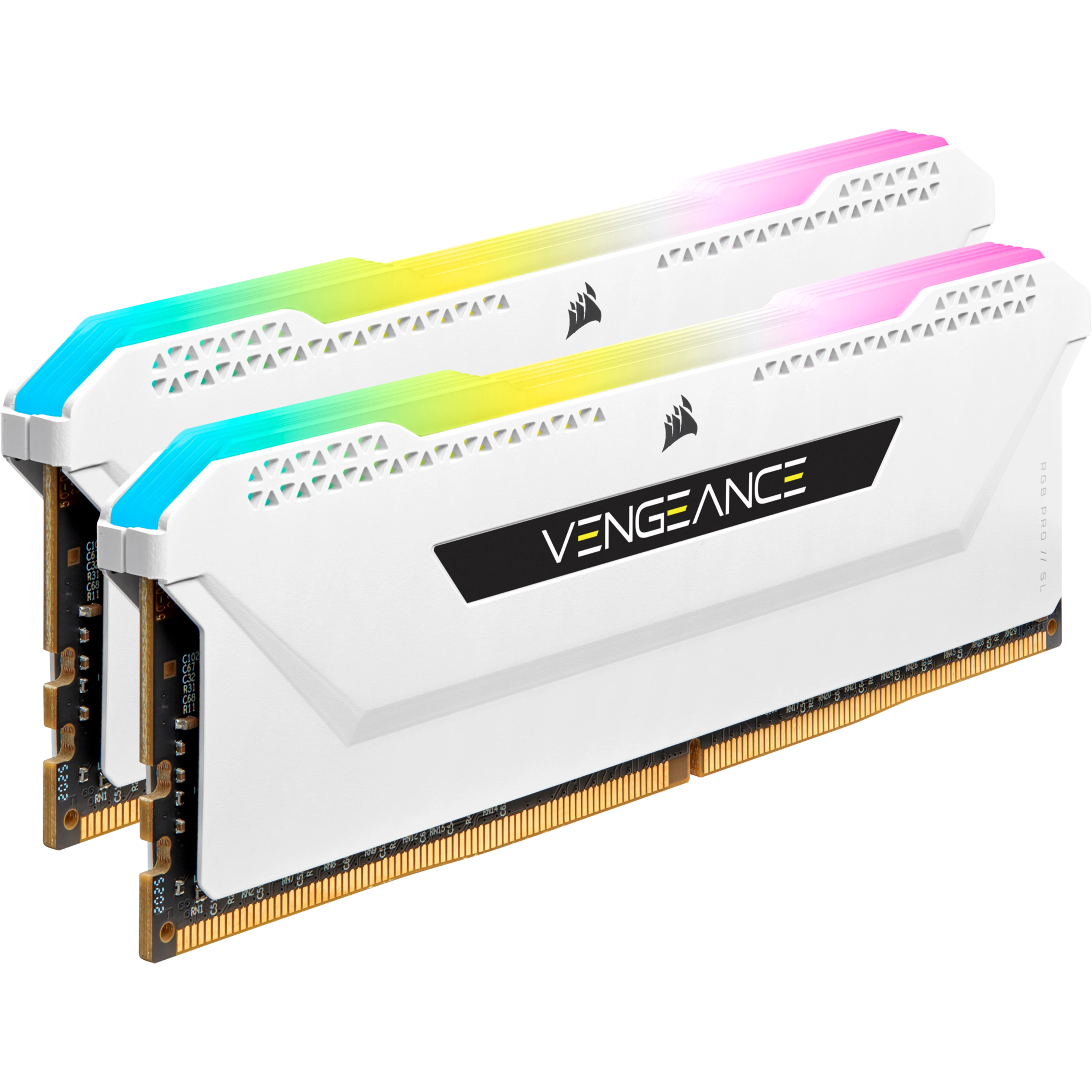 Dwa białe moduły RAM Corsair Vengeance z oświetleniem RGB. Tło jest białe.