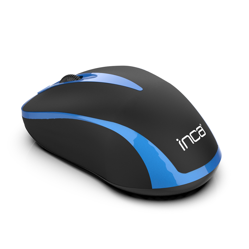 Schwarze und blaue Computermaus mit dem Aufdruck 'inca'. Die Maus hat ein Scrollrad.