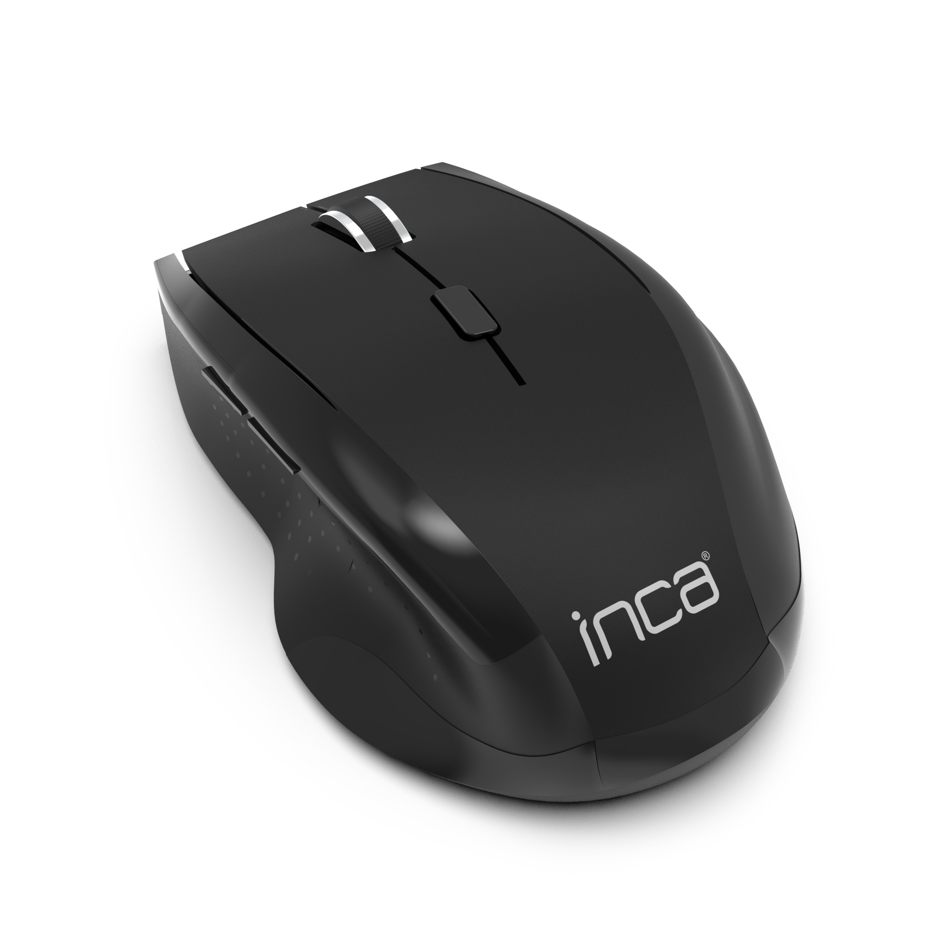 Eine schwarze drahtlose Maus mit dem 'inca'-Logo, vor weißem Hintergrund, von oben gesehen.