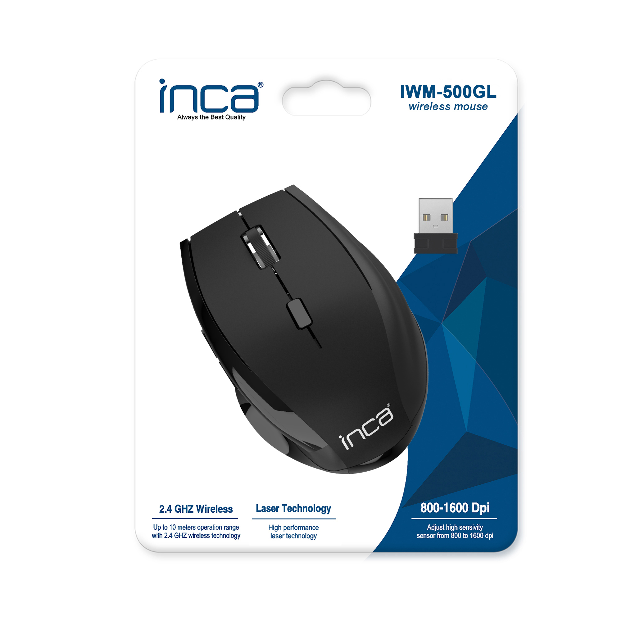 Schwarze kabellose Maus in Verpackung. Text enthält 'inca' und 'IWM-500GL'.