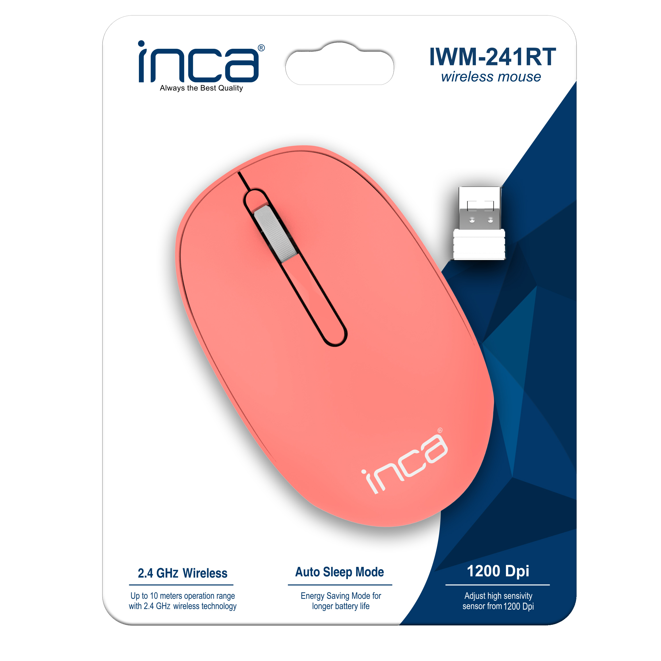 Roze Inca draadloze muis in verpakking. Heeft een USB-ontvanger.