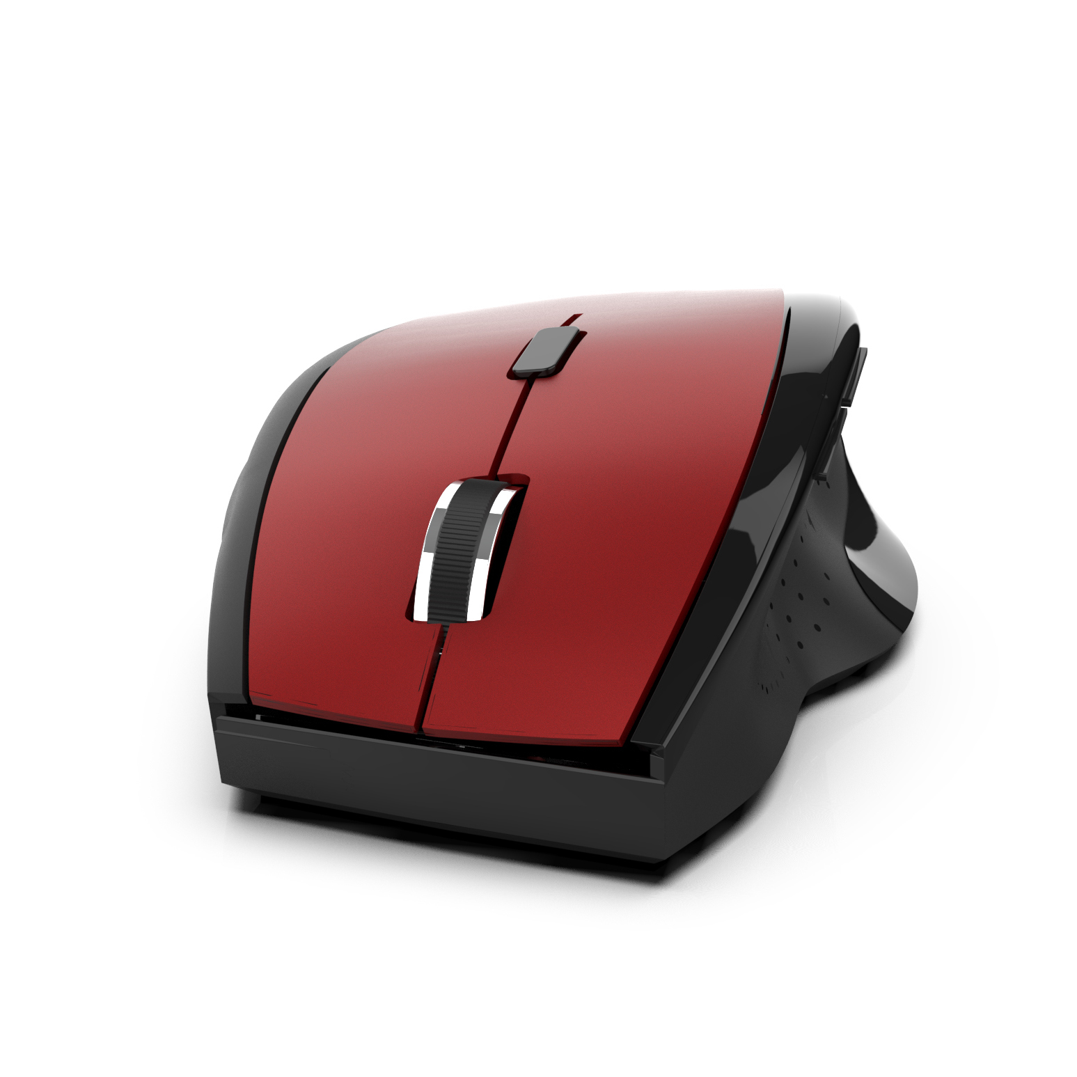 Rote und schwarze Maus mit Scrollrad und zwei Tasten auf weißem Hintergrund.