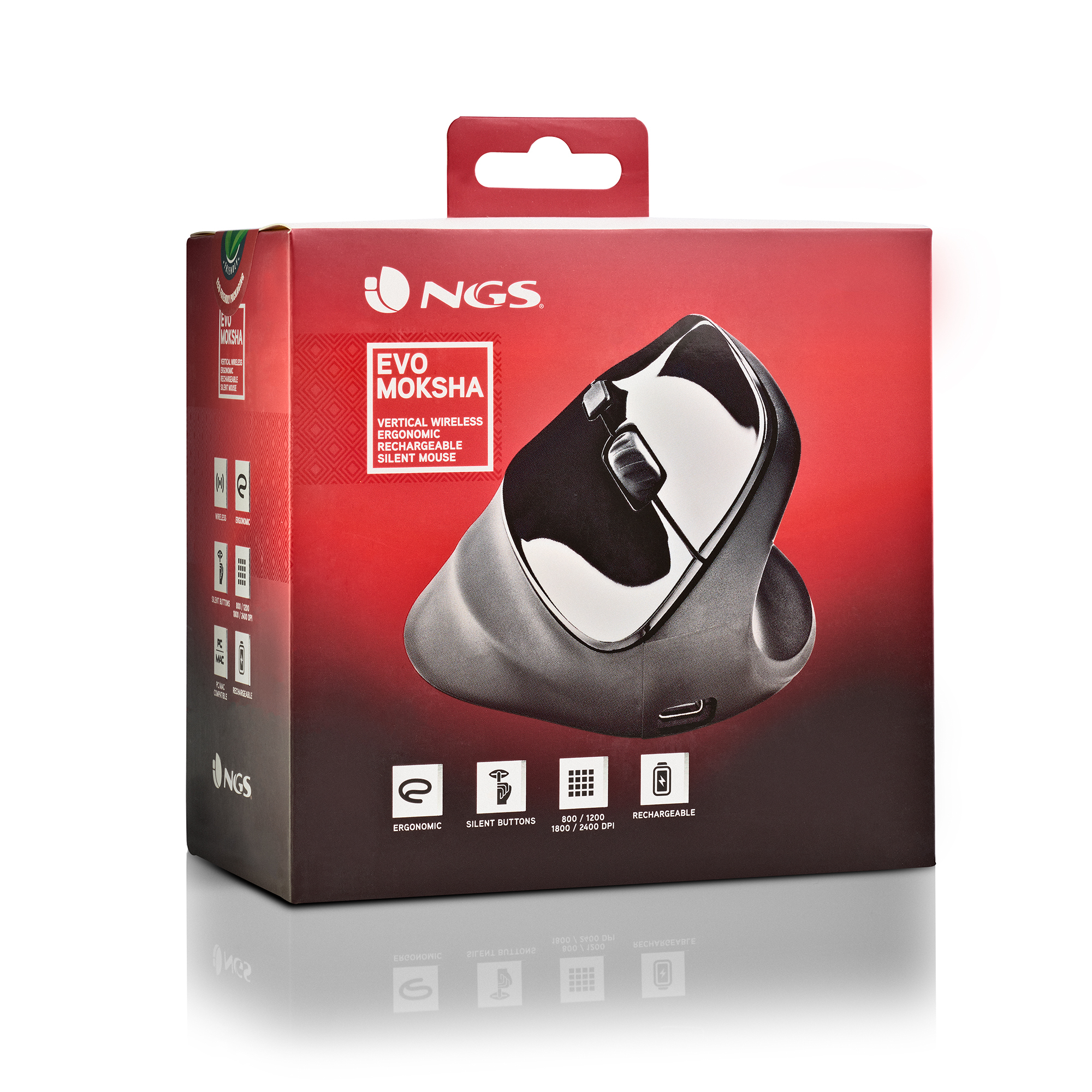 Pudełko na pionową mysz bezprzewodową. Czarno-srebrny design. Tekst: EVO MOKSHA. Pokazane są funkcje.