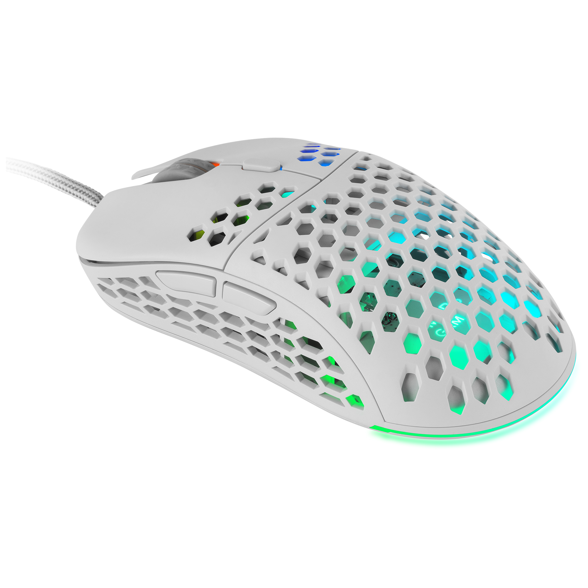 Witte gamingmuis met honingraatontwerp en LED-verlichting.