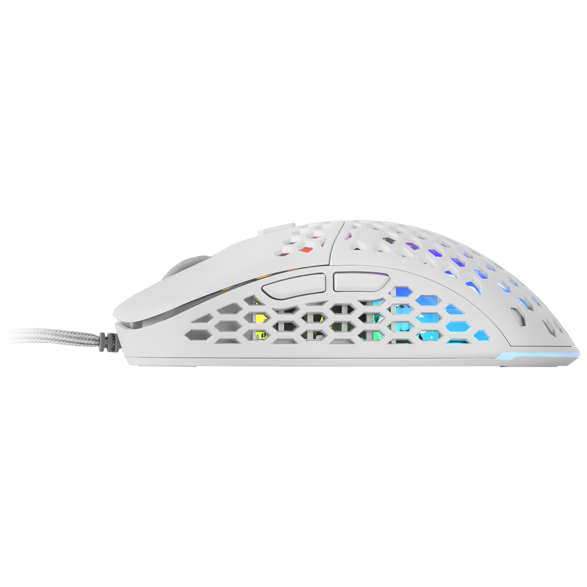 Witte gaming muis met honingraatdesign en RGB-verlichting. Met kabel.