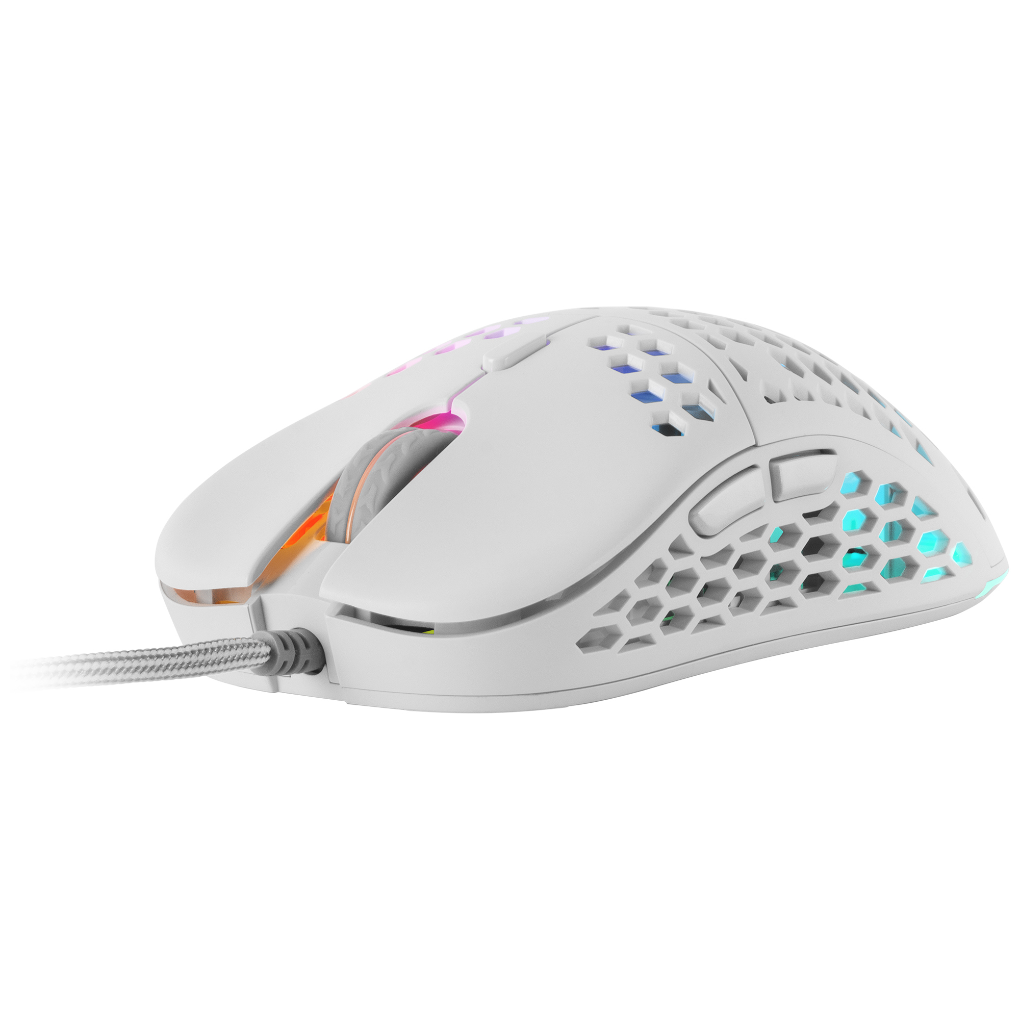 Witte gamingmuis met honingraatontwerp en een snoer. Kleuren rond de randen zijn zichtbaar.