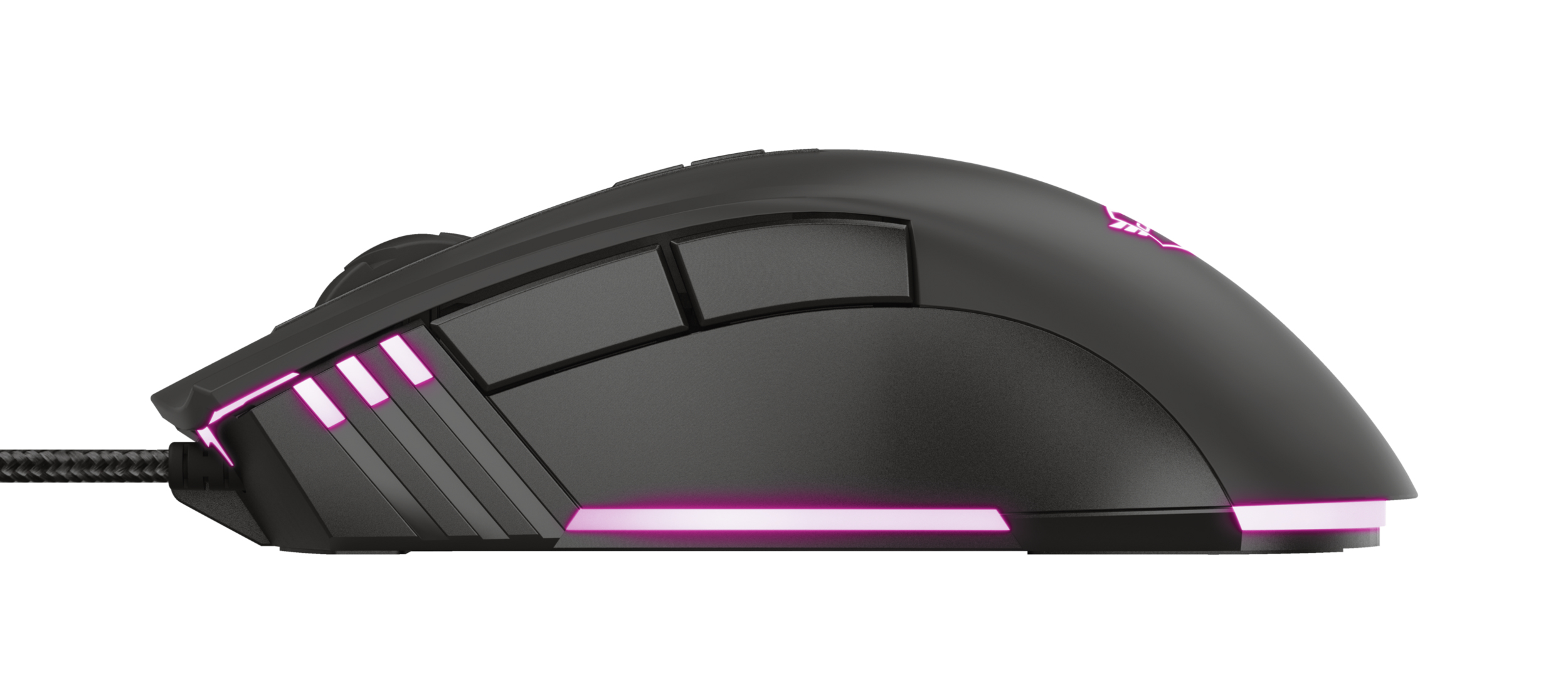 Mouse da gioco nero con luci rosa. Il mouse ha un design strutturato e un cavo.