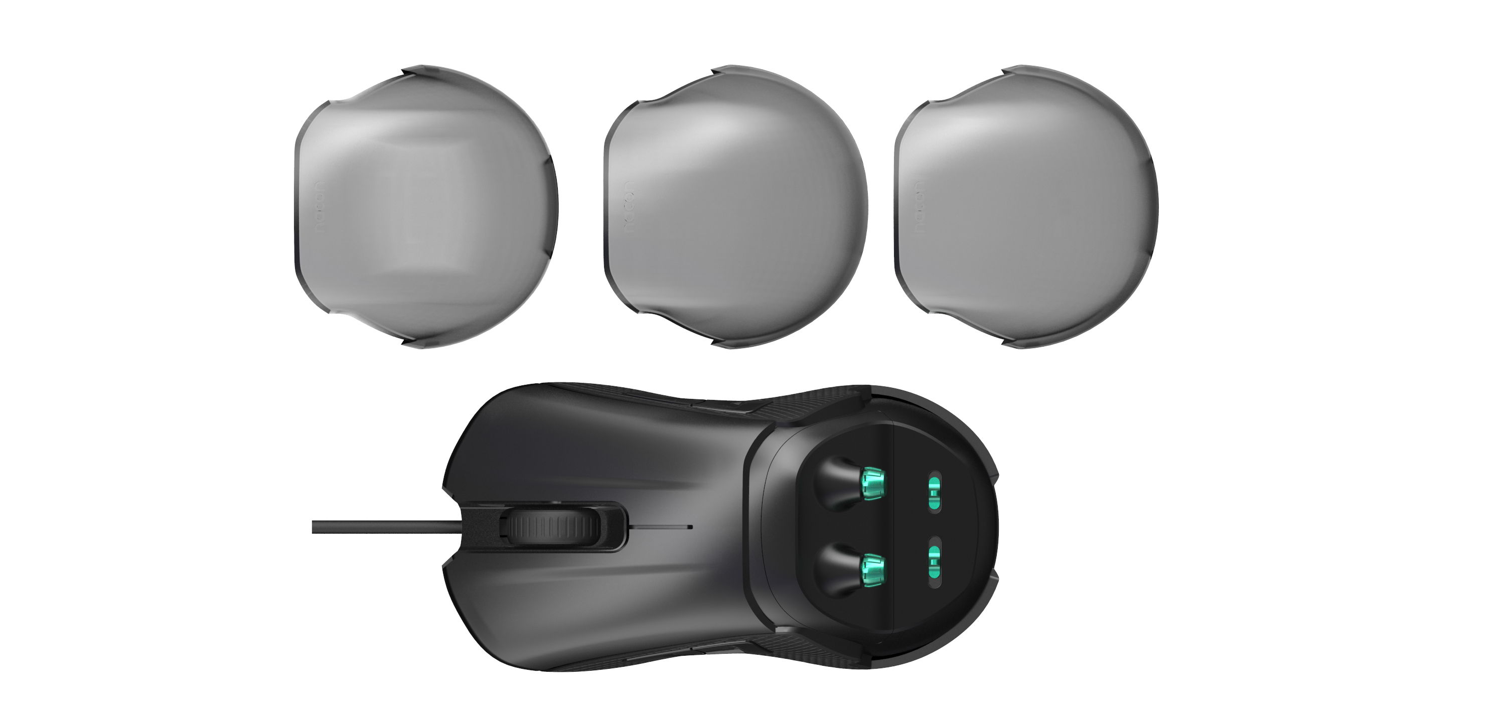 Czarna mysz gamingowa z trzema wymiennymi bocznymi elementami i kółkiem przewijania.