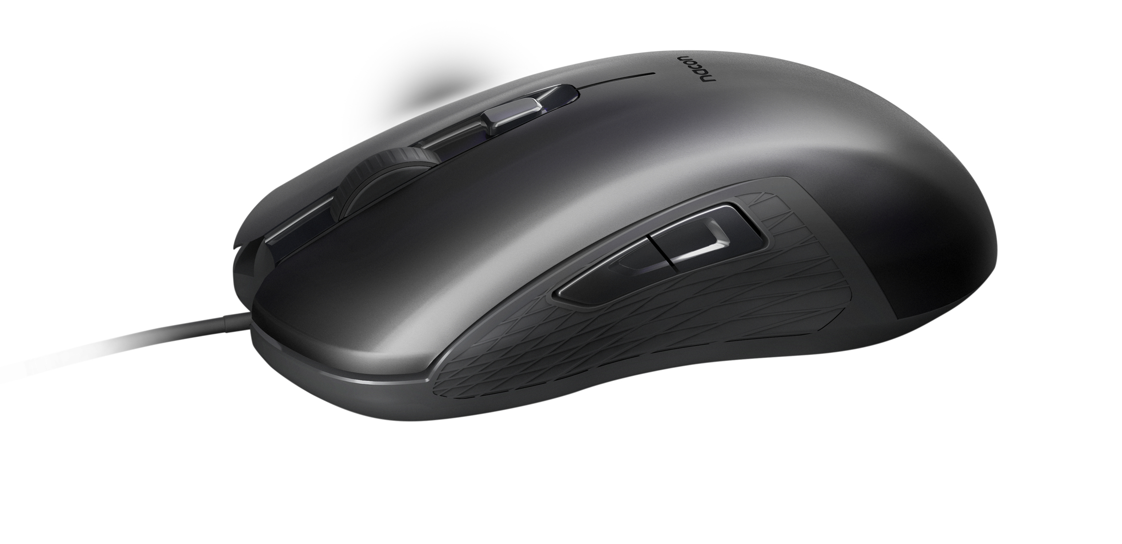 Czarna mysz, widok z boku. Posiada przyciski, rolkę i teksturowany uchwyt boczny.